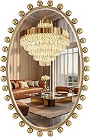 Vista 1 de 24"x36"Oval Wall Mounted Bathroom Mirror with Beveled Glass, Antique Gold Beaded Ball Frame, Vertical & Horizontal Hanging Vanity Wall Mirror for