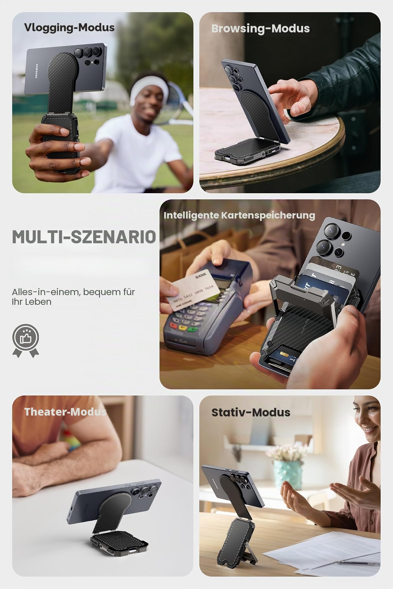 SUPCASE für MagSafe Wallet Magnetisch Geldbörse [5 Kartenhalter] [RFID-Blockierung] Verstellbar Handy Ständer Kartenfach für Samsung Galaxy S25/24/23, Pixel 10/10 Pro und iPhone 17/16/15/14 (Carbon) | [RFID-Blockierung] Verstellbar Handy Ständer Kartenfac