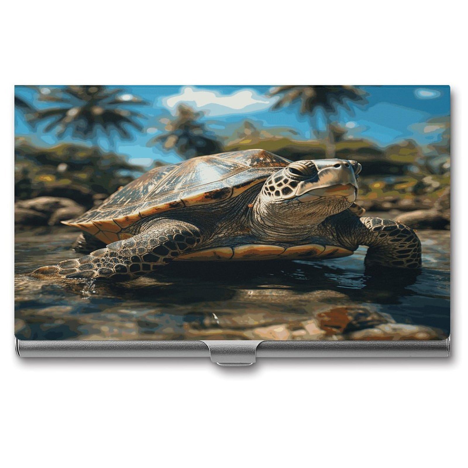 JTREHY Big Turtle And Palm Trees Business Card Case Convenient to Carry Business Card Dispenser Durable Not Prone to Wear And Tear Business Card Holder for Men & Women