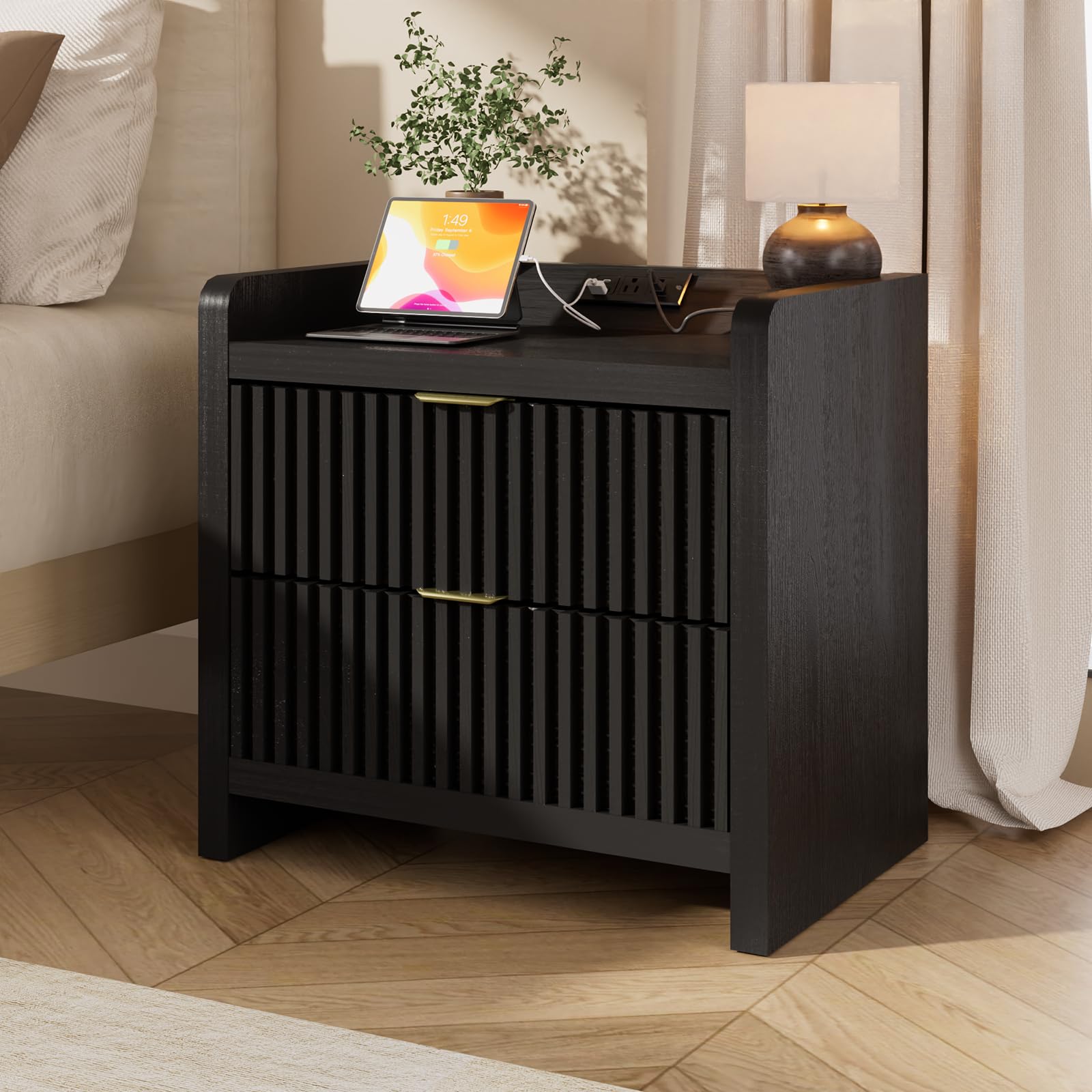 BREEZEHEAT Fluted Cabinet, Large Mid Century Modern Cabinet for Bedroom, 24" Wide, Black