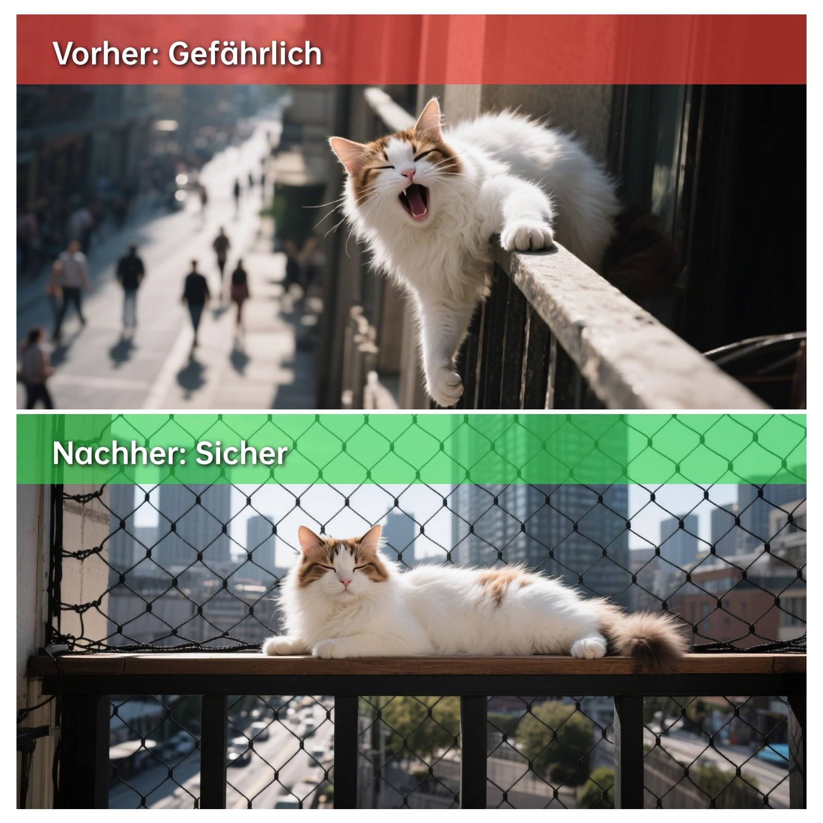Katzennetz Für Balkon 8x3m | Drahtverstärkt mit HDPE + Stahlseil | UV-beständig & Wetterfest | Katzenschutznetz mit Bohr- und Klebemontage für Fenster, Terrasse, Tür | Schwarz