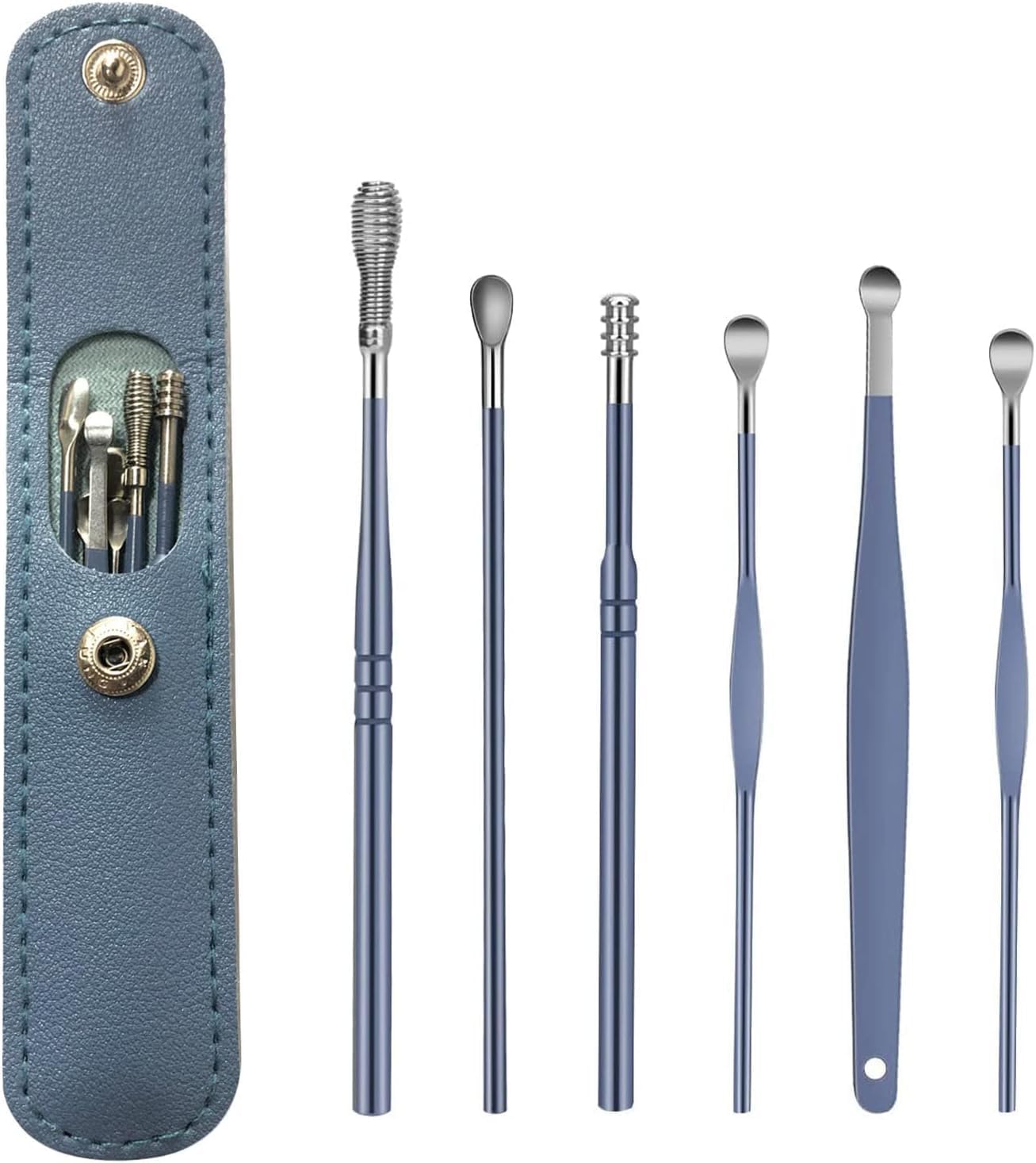 Ash & Roh Ear Wax Cleaner Kit with Reusable Tools, Storage Box, and Stylish Leather Pouch Comprehensive Ear Wax Remover Set with Ear Curette, Spring Ear Buds, and Convenient Storage Solution (BLUE)