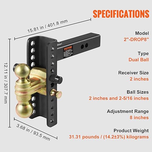 Miniatura 7 de VEVOR Enganche de remolque ajustable, caída de 8 pulgadas y montaje de bola de enganche de elevación de 6.5 pulgadas con receptor de 2 pulgadas,