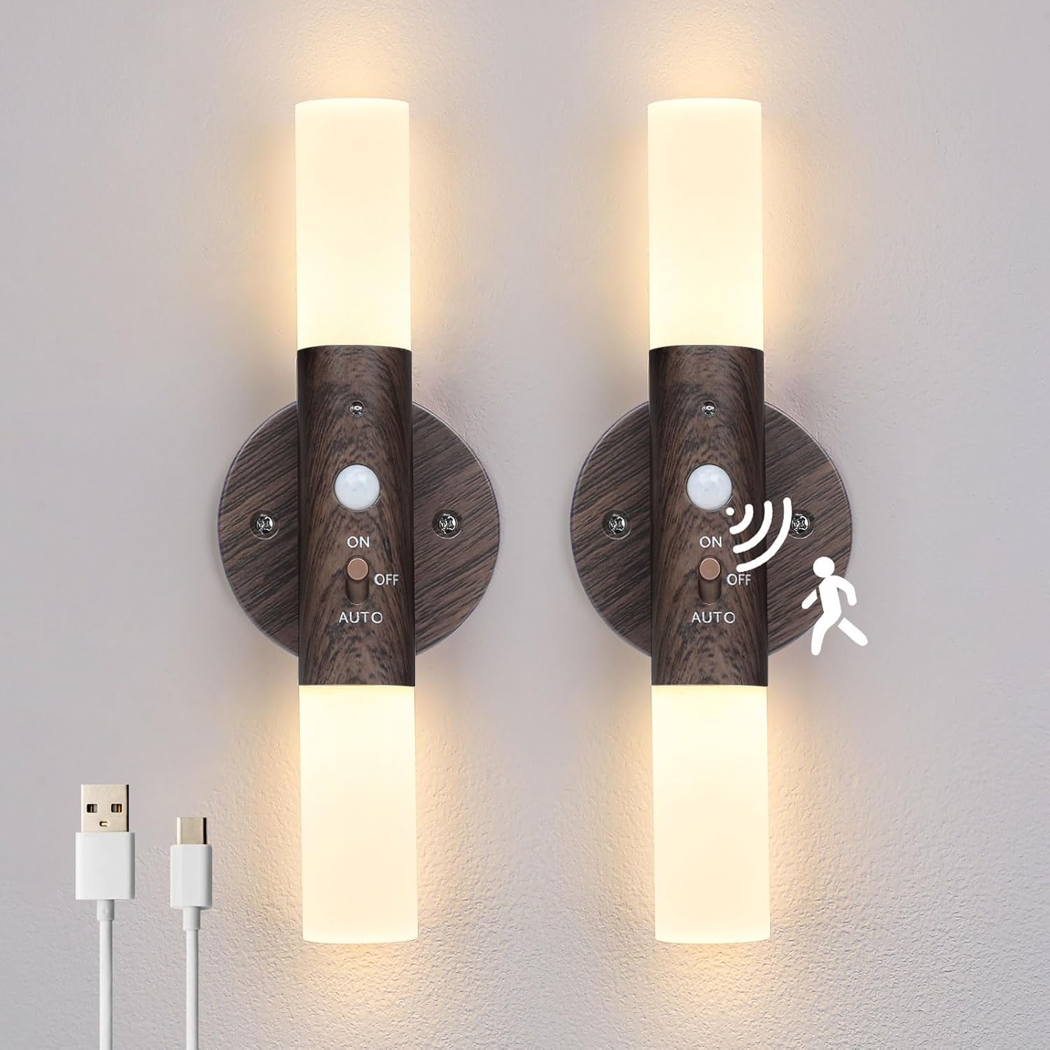 Luces LED con sensor de movimiento que funcionan con pilas, juego de 2 lámparas de esquina magnéticas recargables inalámbricas de rotación de 360° para galería, escaleras, tocador, sala de