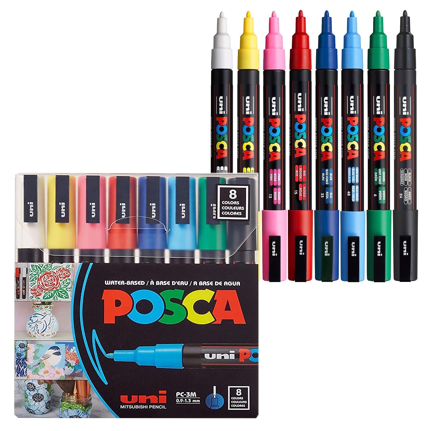 uni POSCA PC-3M Water-Based Paint Markers, Reversible Fine Tip, Assorted Colors, Pack Of 8 Markers
