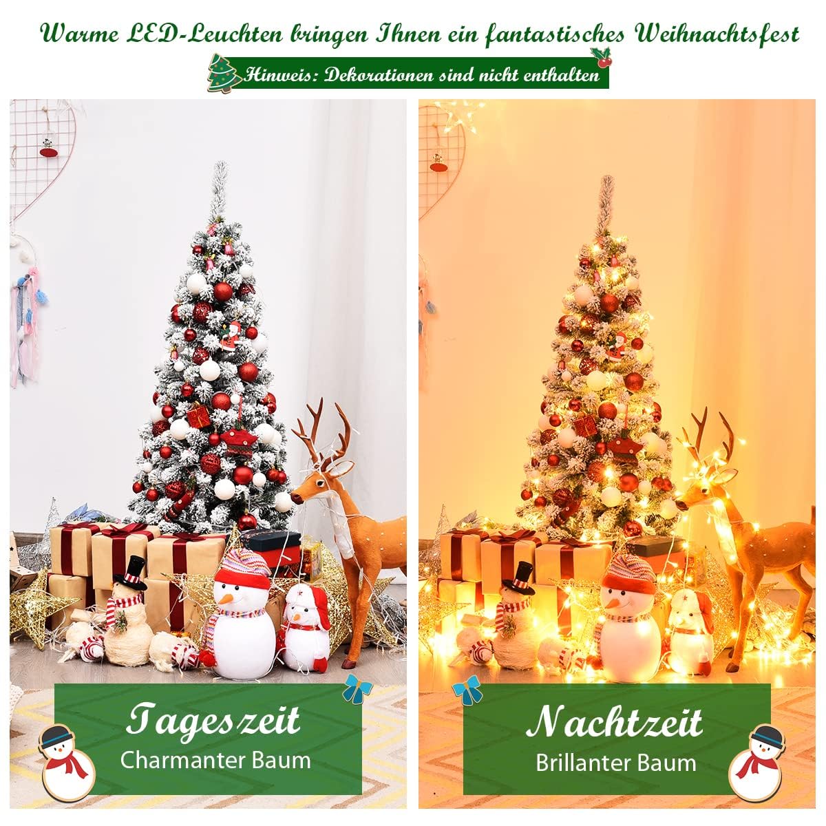 COSTWAY 135/180/225cm Bleistift Weihnachtsbaum mit Schnee und warmweißen LED-Leuchten, künstlicher Tannenbaum mit Metallständer, Christbaum PVC Nadeln, Kunstbaum Weihnachten Klappsystem Grün (135cm)