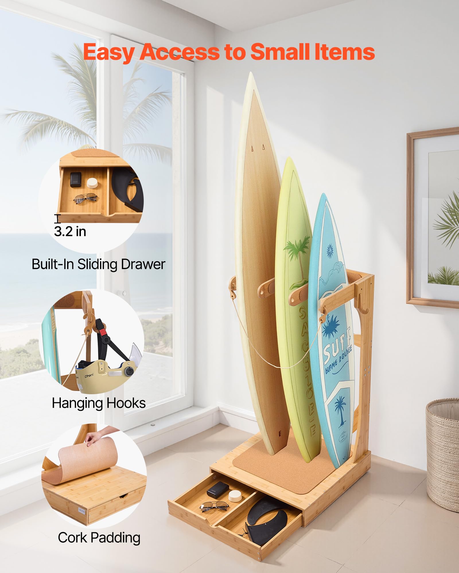 VEVOR Soporte Vertical para Tablas de Surf, Estante de Madera de 3 Niveles con Ganchos y Cajones