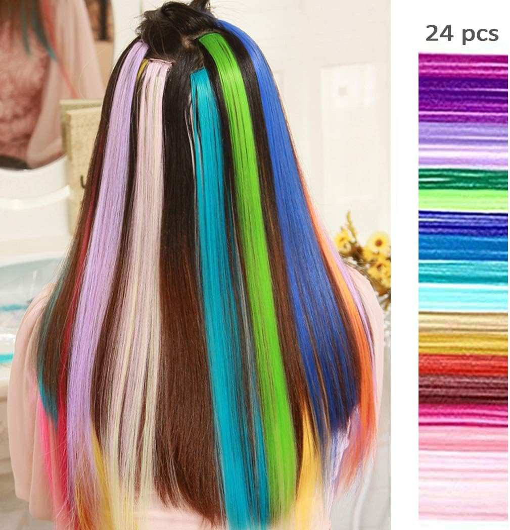 24 Pcs of 20 Inches Multi-colors Party Highlights Colorful Clip in Synthetic Hair Extensions，straight long Hairpiece