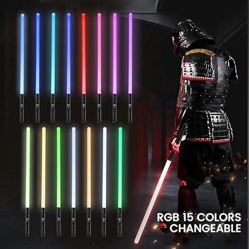Miniatura 2 de Dueling - Paquete de 2 sables de luz, 15 colores y 3 modos de sonido con efecto estroboscópico, empuñadura de aleación de aluminio, sables de luz