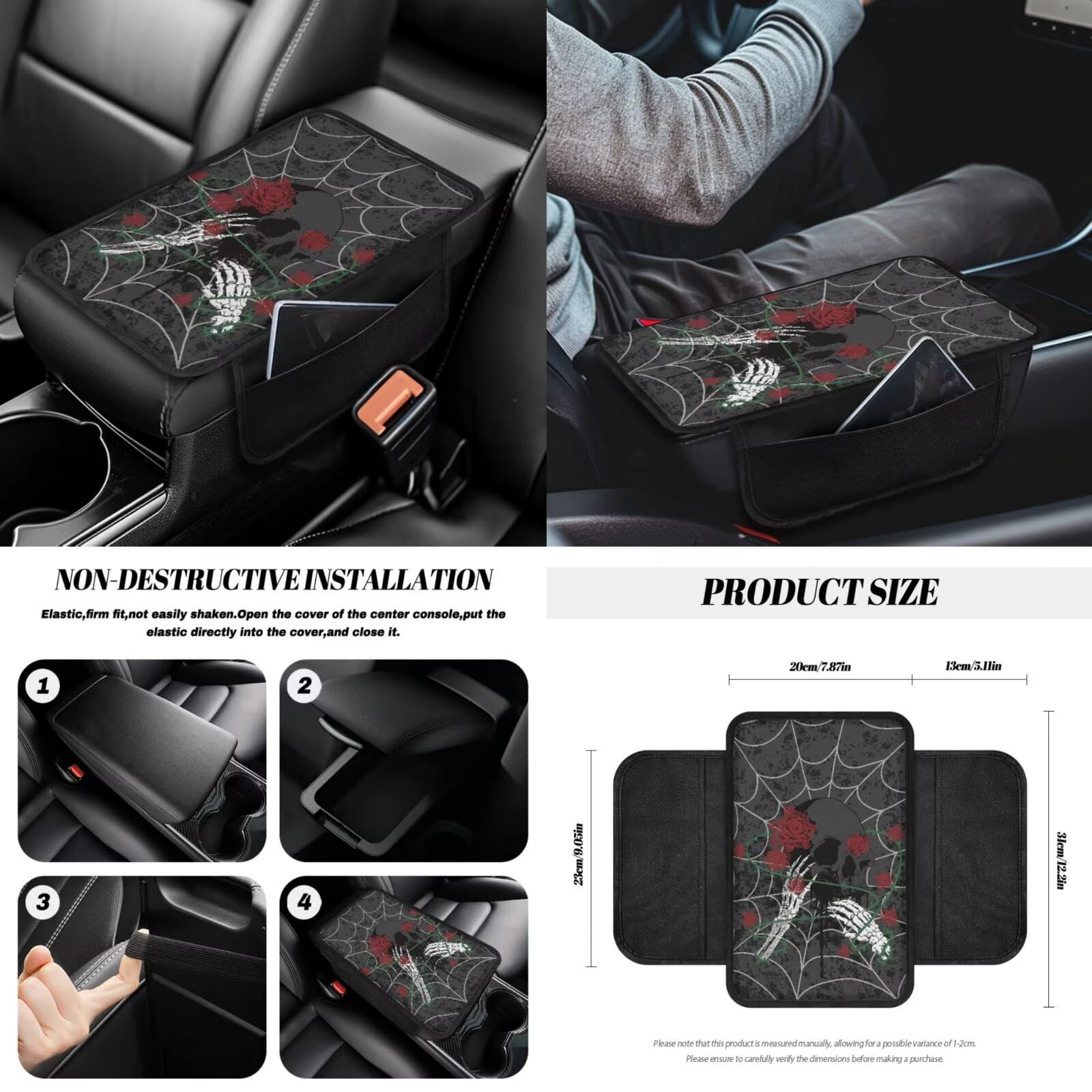 Set di coprisedili per auto, con stampa di ragnateli, anteriore e posteriore, coprivolante, leva del cambio + copri freno a mano, cuscino per bracciolo, cuscinetti per cinture di