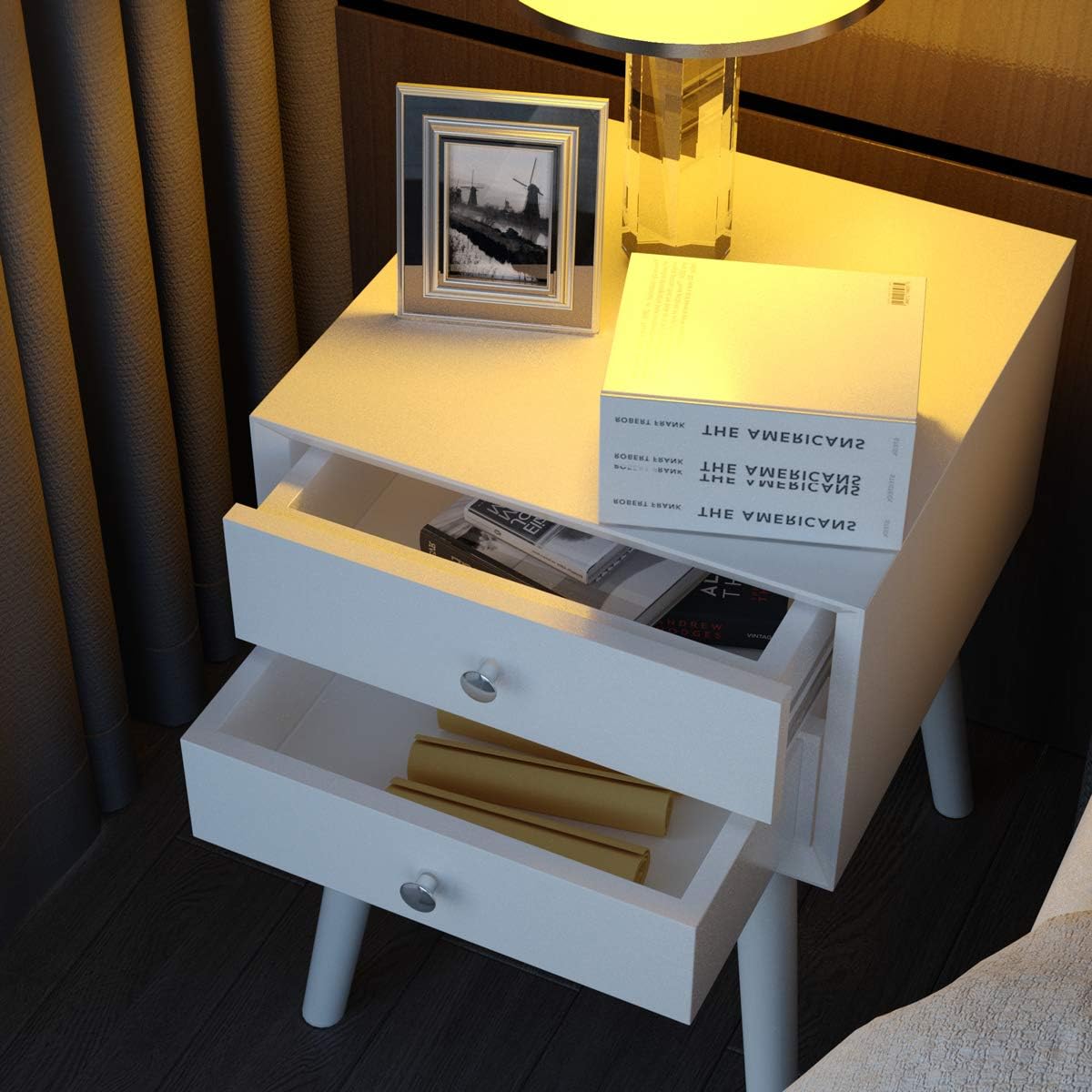 Giantex White Nightstand Set of 2, Wooden Bedside Tables w/ 2 Storage Drawers & Solid Wood Legs, Practical End Side Table, Mid Century Modern Night Stand for Living Room Bedroom