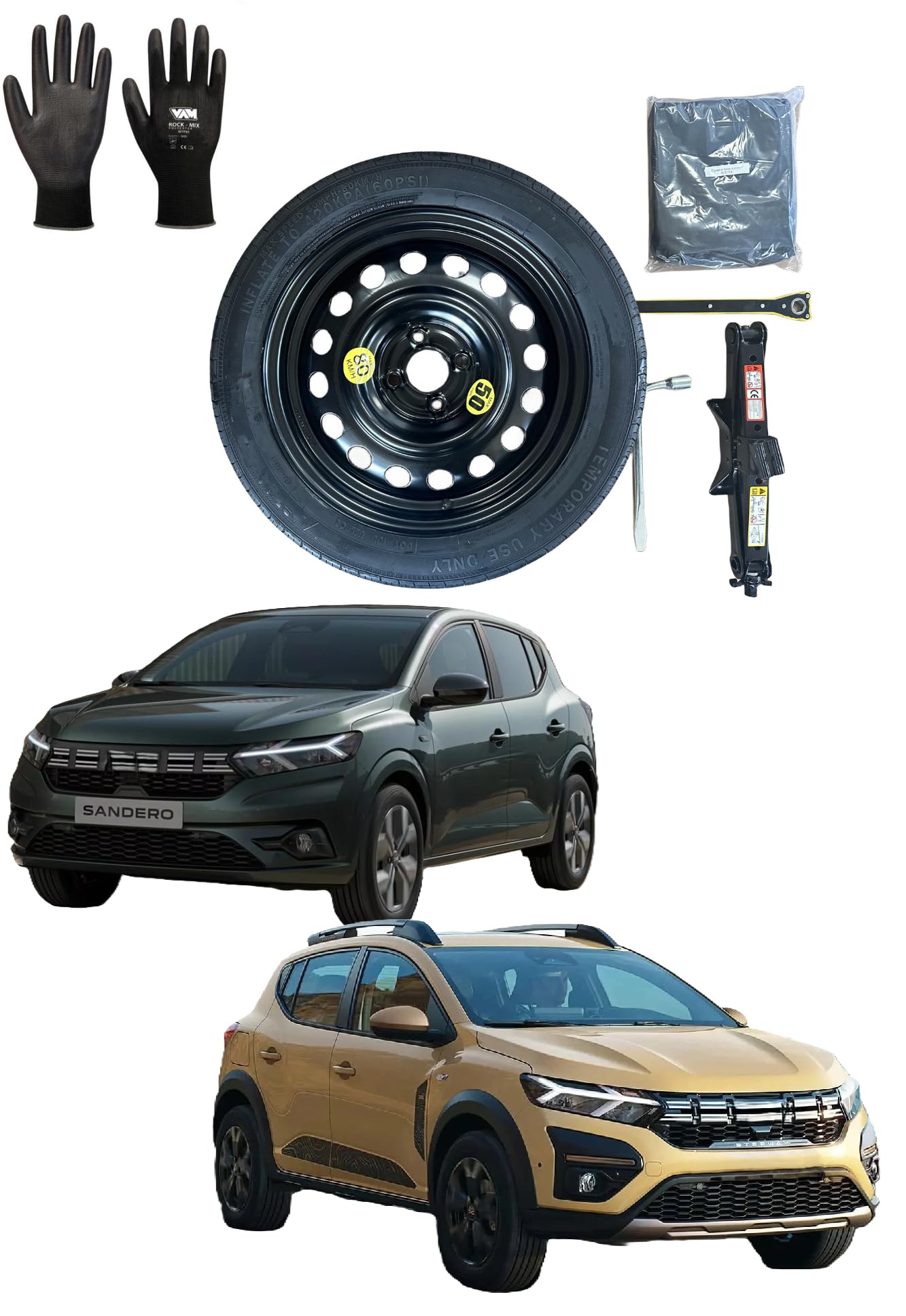 D'angelo Ruotino di Scorta 16" compatibile con Dacia Sandero, Sandero Streetway, Stepway, Dokker Jogger, Compatibile con Renault Zoe (1" Serie), Twingo II III, Clio, con Cric Chiave e Sacca