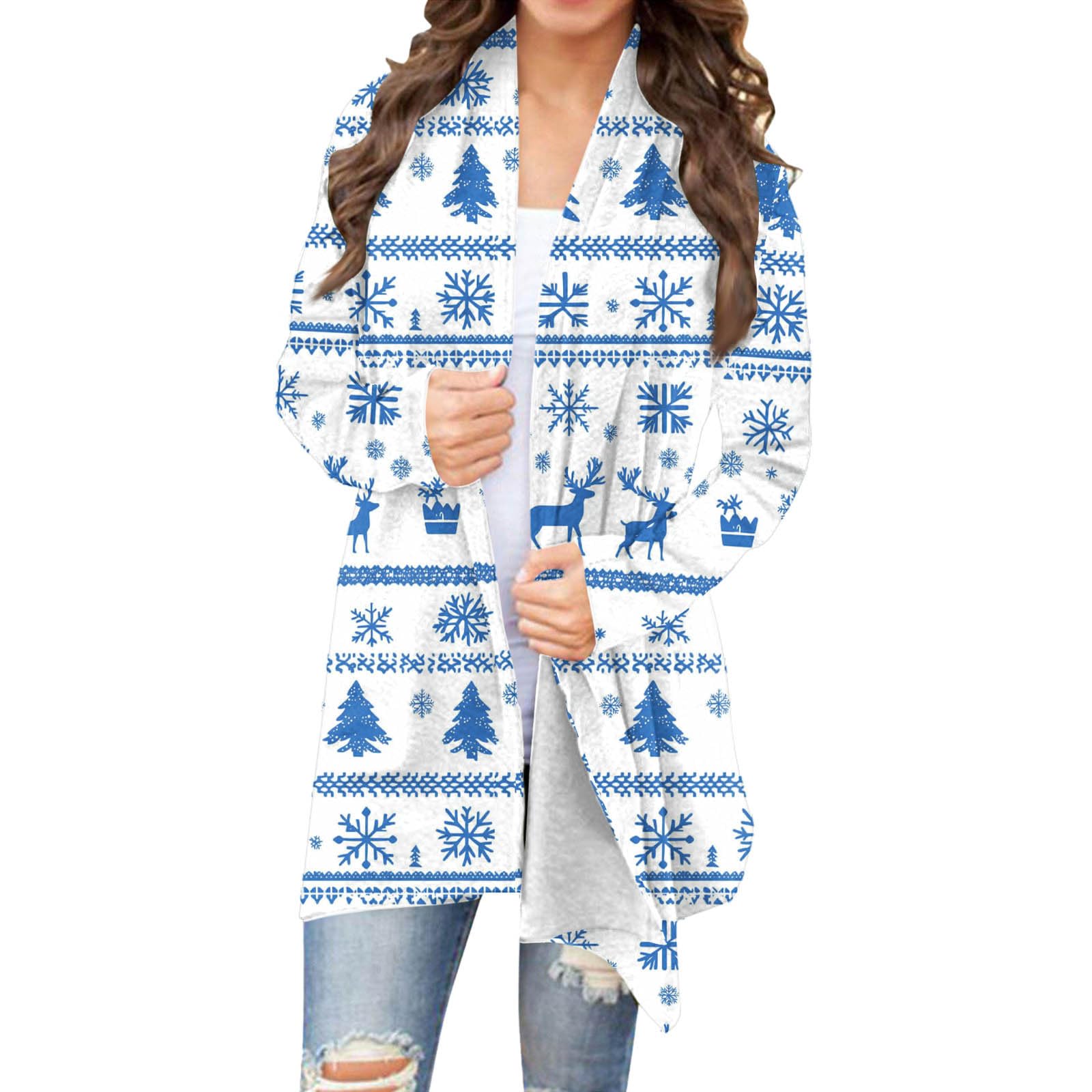 Women Christmas Cardigan Santa Print Open Front Long Sleeve Sweater Holiday Graphic Casual Winter Outerwear
