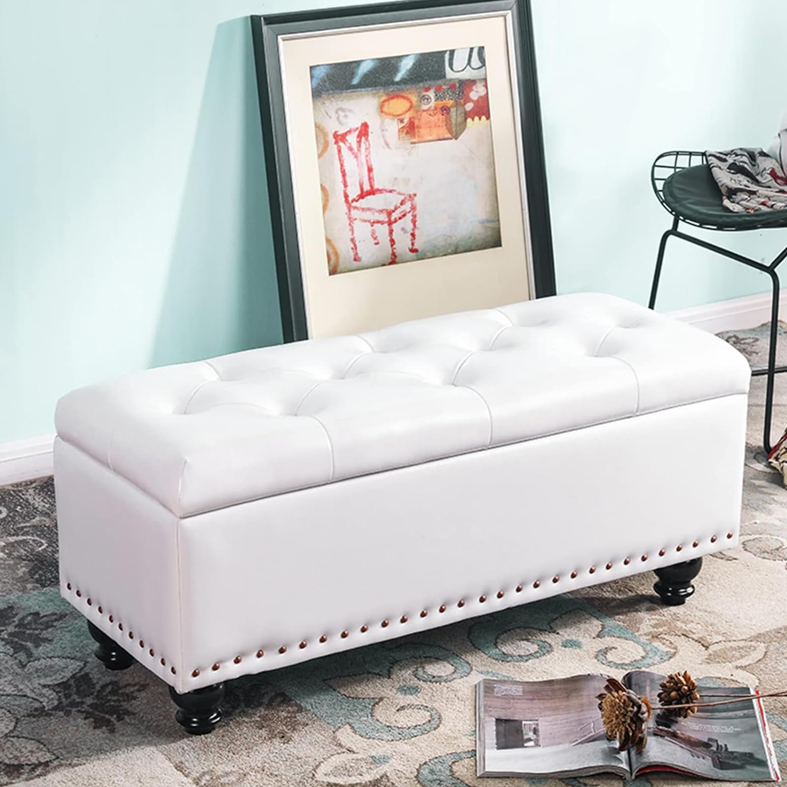 Puf Arcón Contenedor con Revestimiento De Piel Sintética, Reposapiés para Dormitorio, Banco, Taburete De Salón O Sofá con Estructura Y Patas De Madera,Blanca,150 * 40 * 45cm