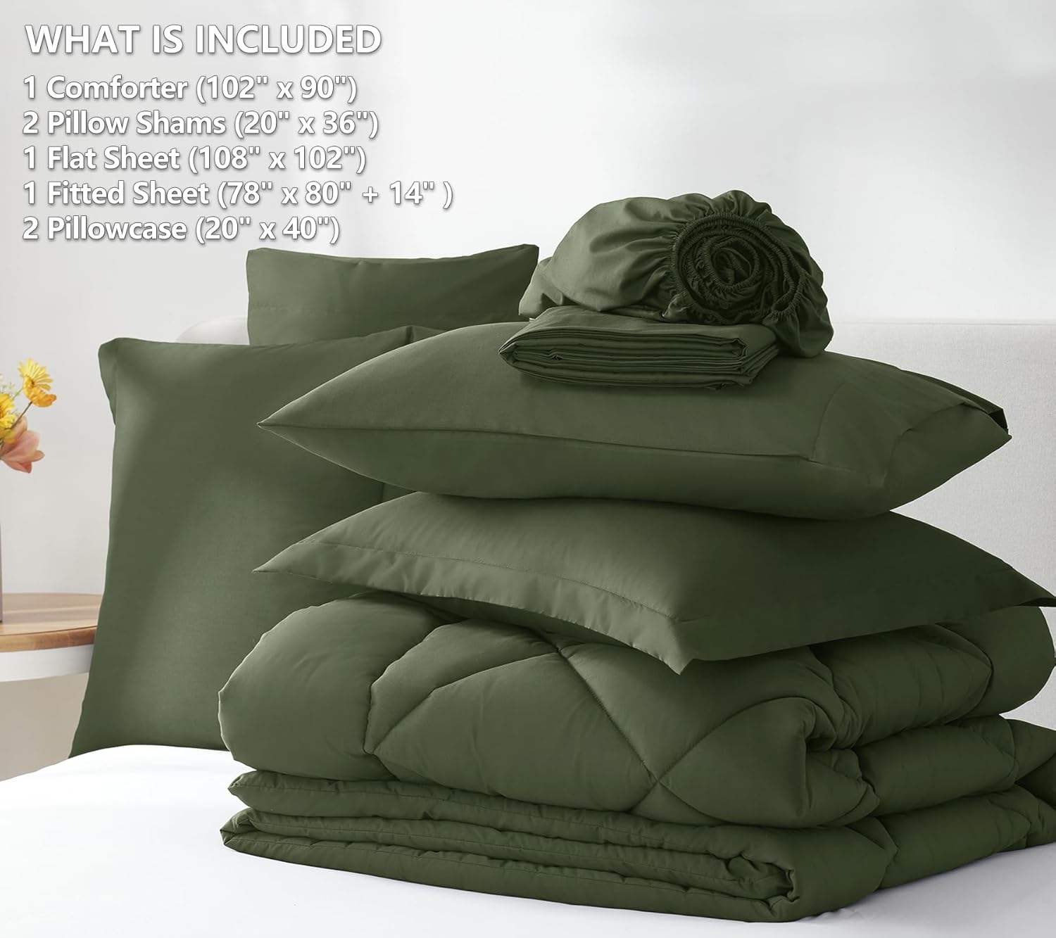 CozyLux King Size Comforter Set Olive Green - 7 Pieces Bed in a Bag King, Luxury Soft Bed Set for All Seasons, Bedding Set with Down Alternative Comforter, Sheets, Pillowcases & Shams