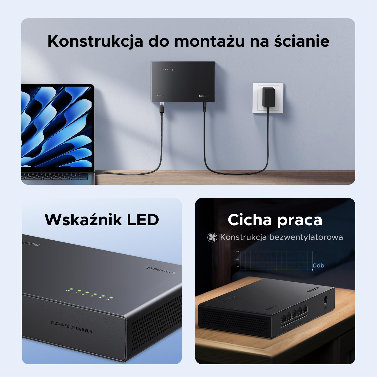 UGREEN Przełącznik LAN 2.5G z 5 portami 2.5G, niezarządzany przełącznik sieciowy do komputerów, serwerów NAS, serwerów, punktów dostępowych WiFi 6