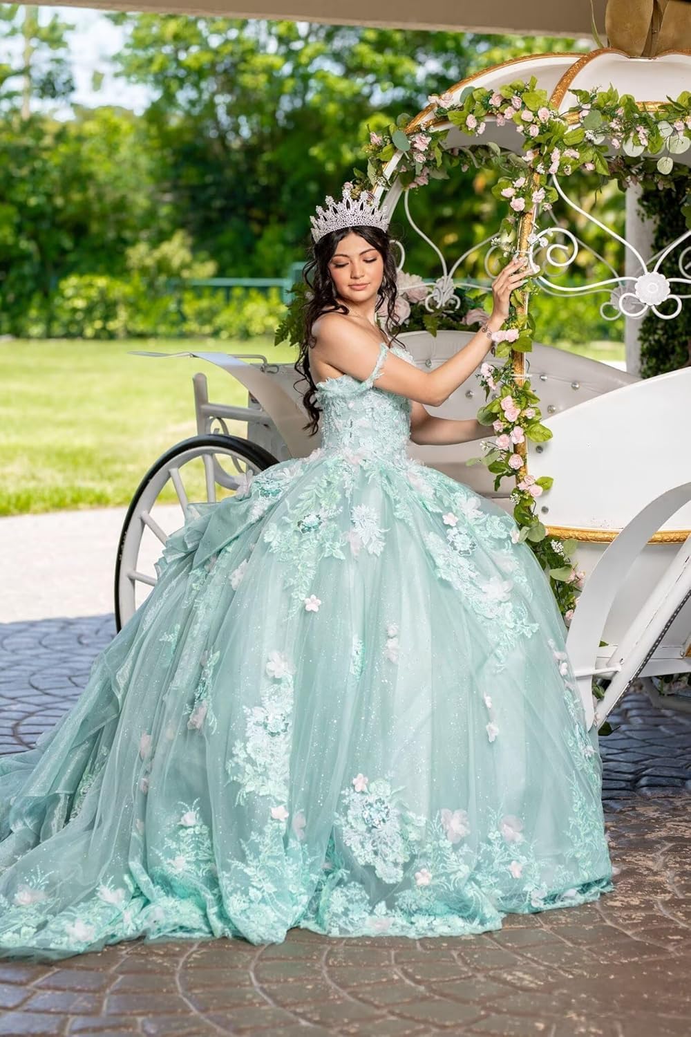 Vestidos de quinceañera con Tirantes Finos y Lazo Tul Brillante Flores 3D y Vestidos de Fiesta de quinceañera. MT040