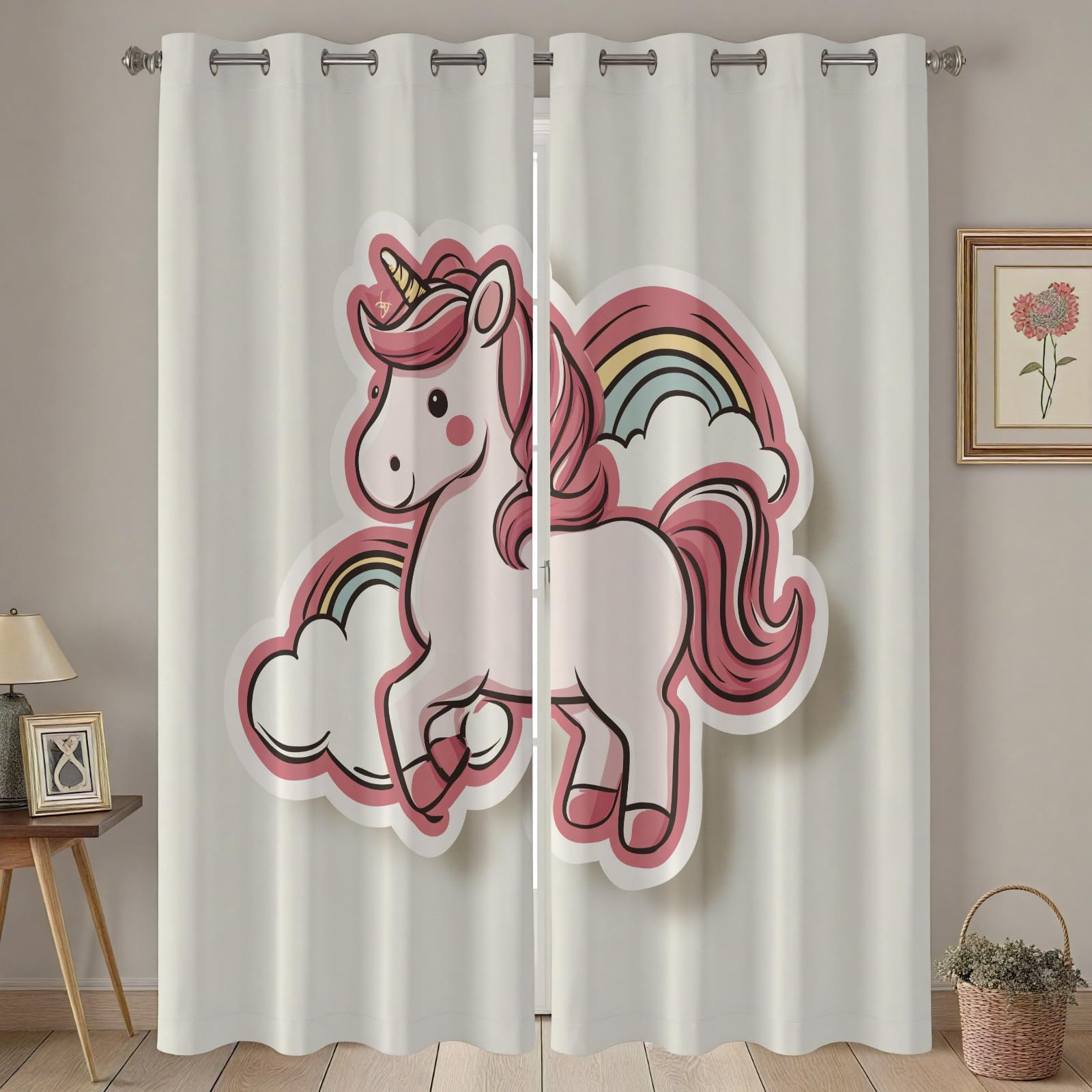Rideaux Occultant Mignon Licorne Lot De 2 117x183 cm, Rideau Thermique Anti Froid Dessin Animé Rideau Opaque Cheval Enfant À Oeillets Occultant Draperies pour Chambre Salon Bureau