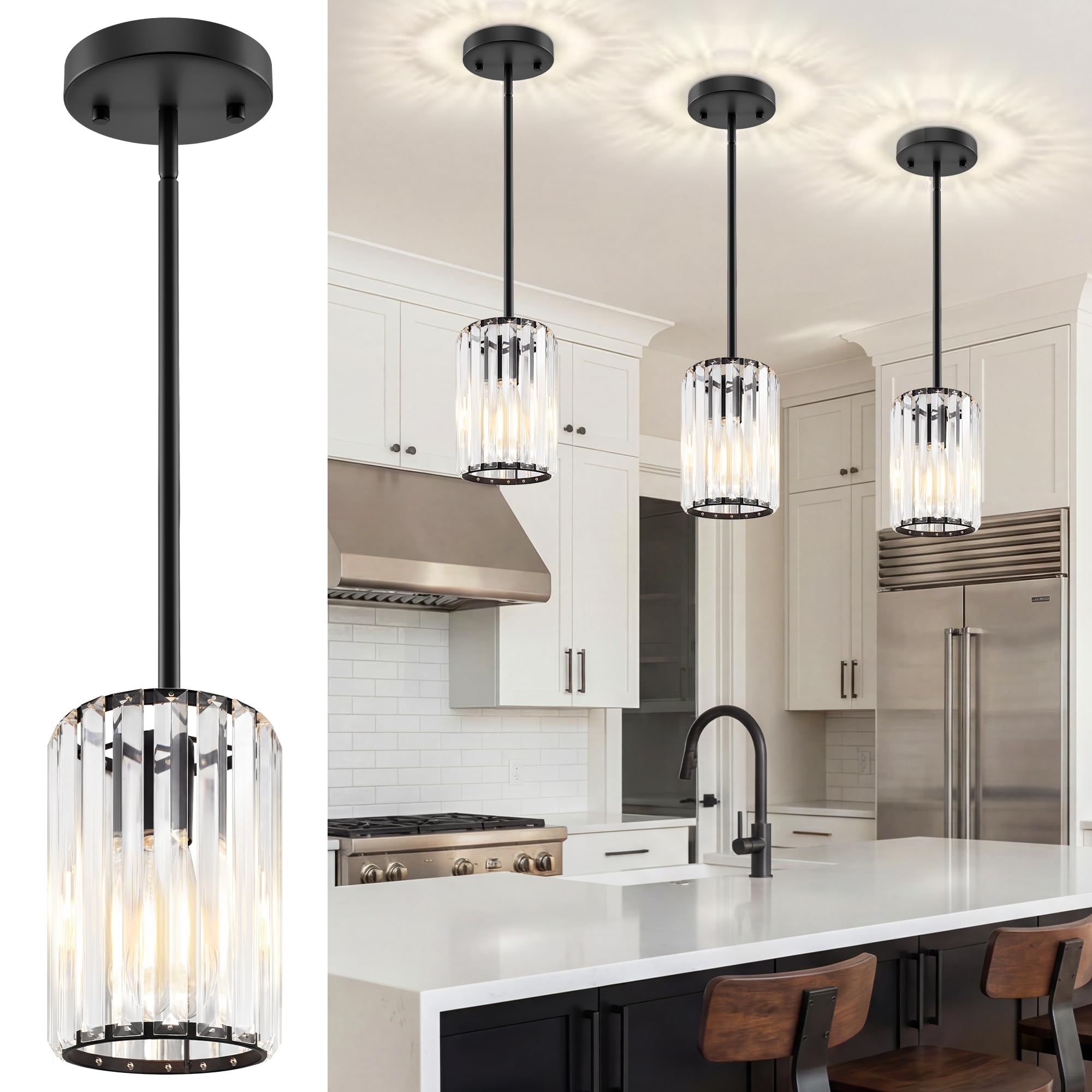 Photo 1 of Esfos Black Pendant Light, Modern Crystal Pendant Lights Kitchen Island, Kitchen Island Lighting with Adjustable Height, UL Certified Island Lights for Kitchen Dining Room Bedroom Hallway 3 Pack