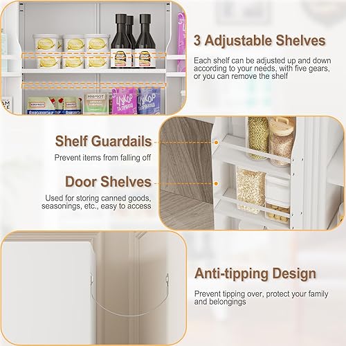 Miniatura 28 de Armario de almacenamiento de metal de 71 pulgadas de alto con 2 puertas y 4 estantes ajustables, armario de despensa de cocina, armario Blanco