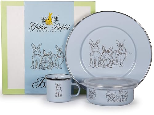 Golden Rabbit Enamelware - Patrón de mariposa - Juego de cena infantil de 3 piezas