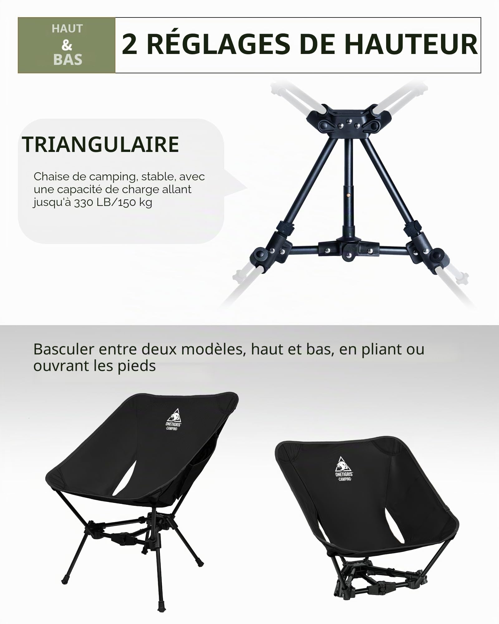 OneTigris TIGERBLADE Chaise de camping pliable 150 kg, cadre triangulaire, légère, avec 2 poches latérales, pour l'extérieur, la randonnée, noire