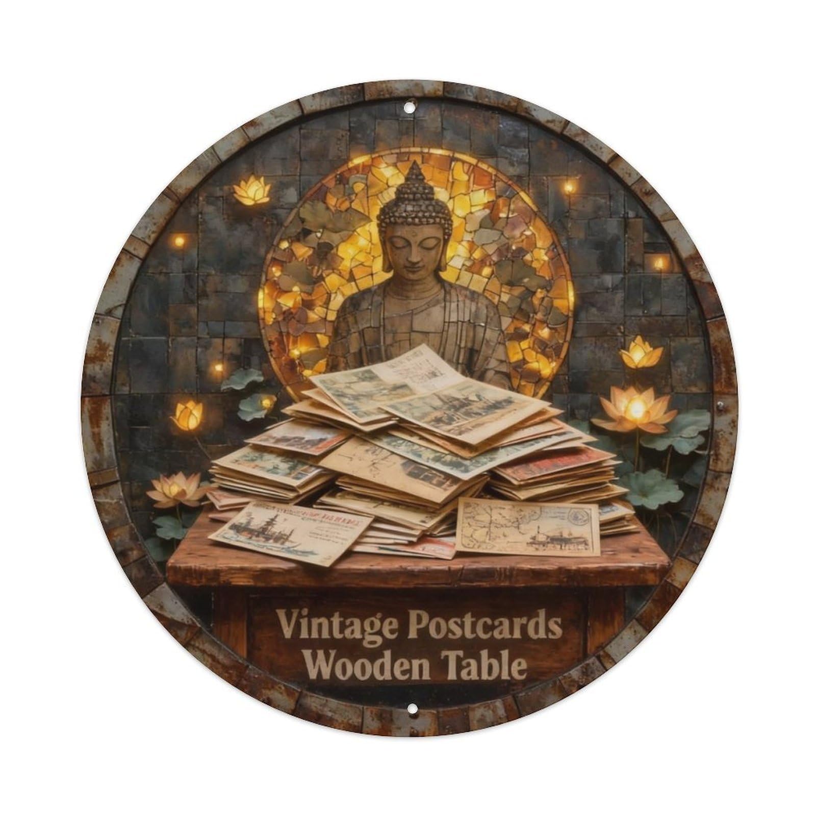 Vintage Postcards Wooden Table Metal Tin Sign Plaque