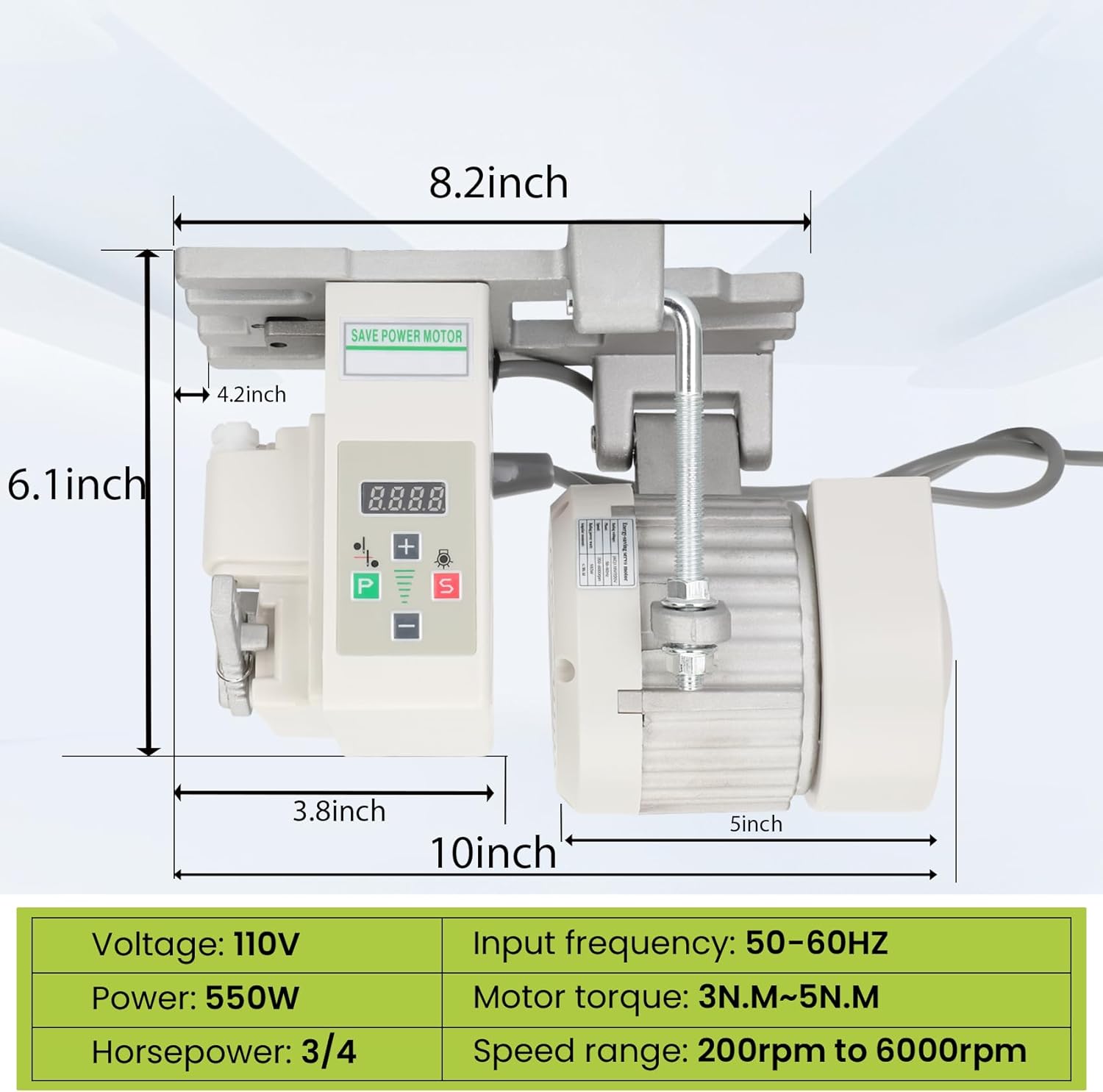 Image showing the servo motor and its components with text indicating easy installation and operation, and control via foot switch and buttons.