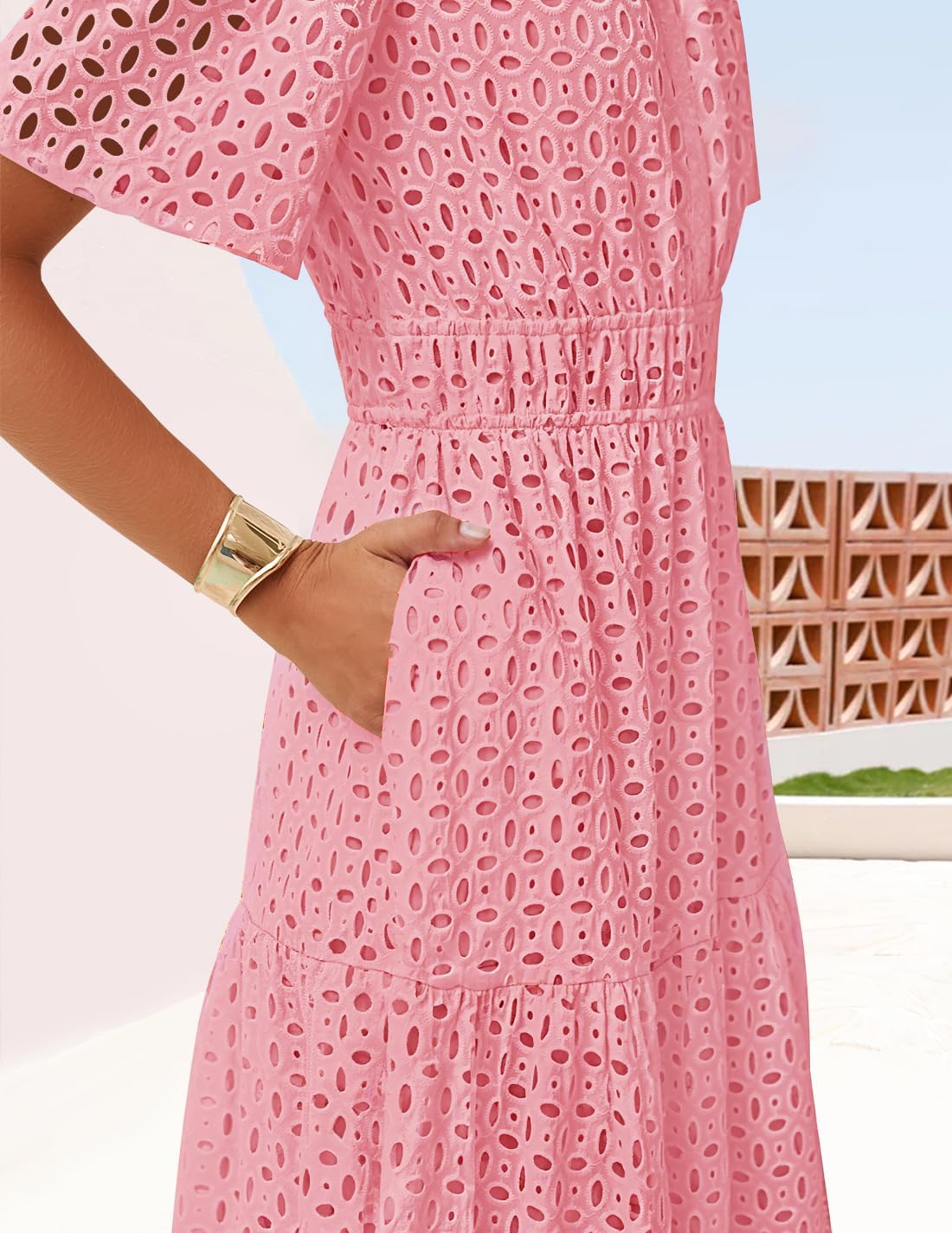 ZESICA Women's 2026 Summer Short Sleeve Maxi Dress Casual V Neck Hollow Out Eyelet Ruffle Swing A Line Long Dresses - Image 5