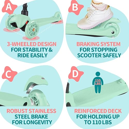 Miniatura 7 de BELEEV Scooter A1 para niños de 2 a 6 años, scooter de 3 ruedas para niños y niñas, ruedas iluminadas de poliuretano, 4 alturas ajustables,