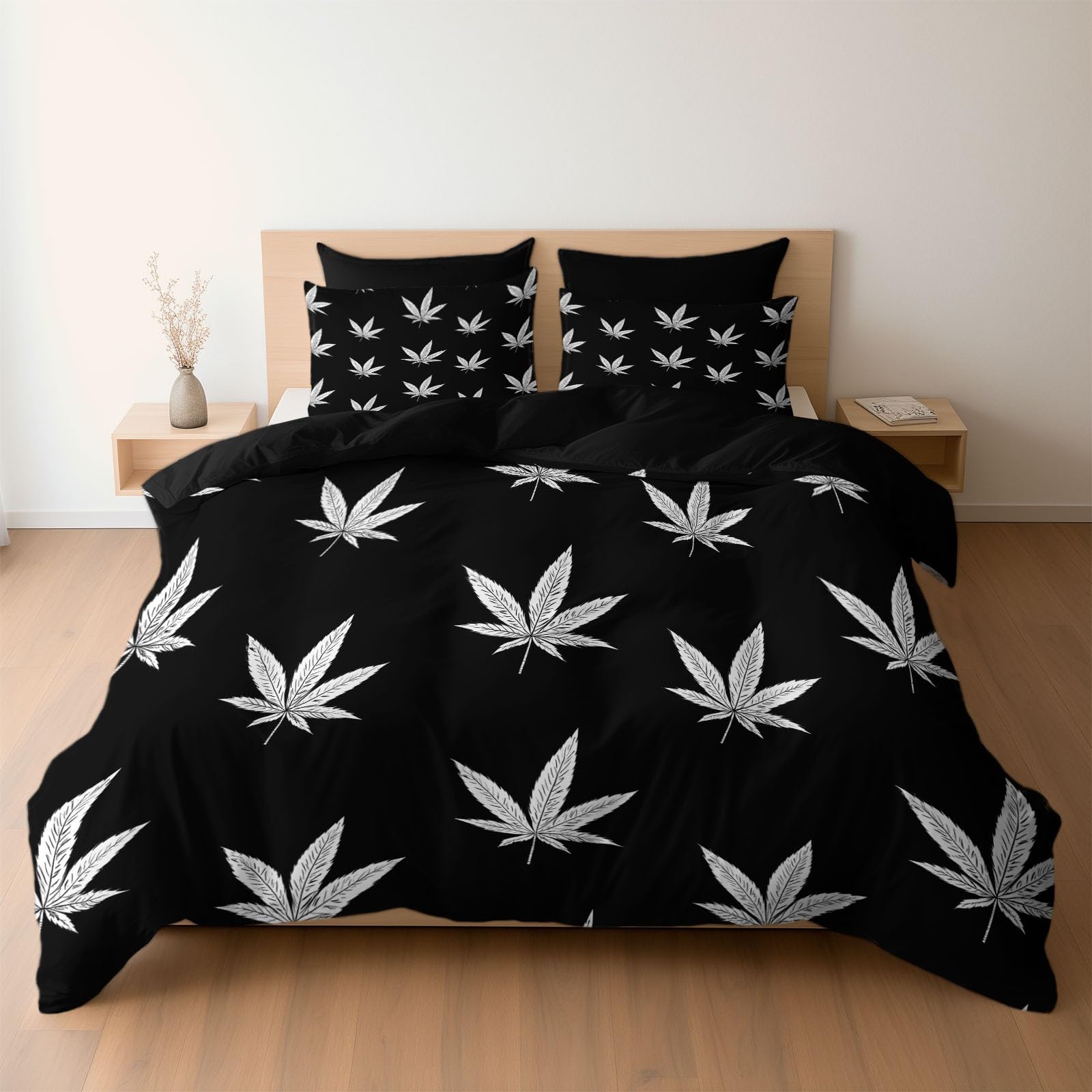 Parure de lit microfibre 160x200 cm avec 2 taies noir motif feuille minimaliste