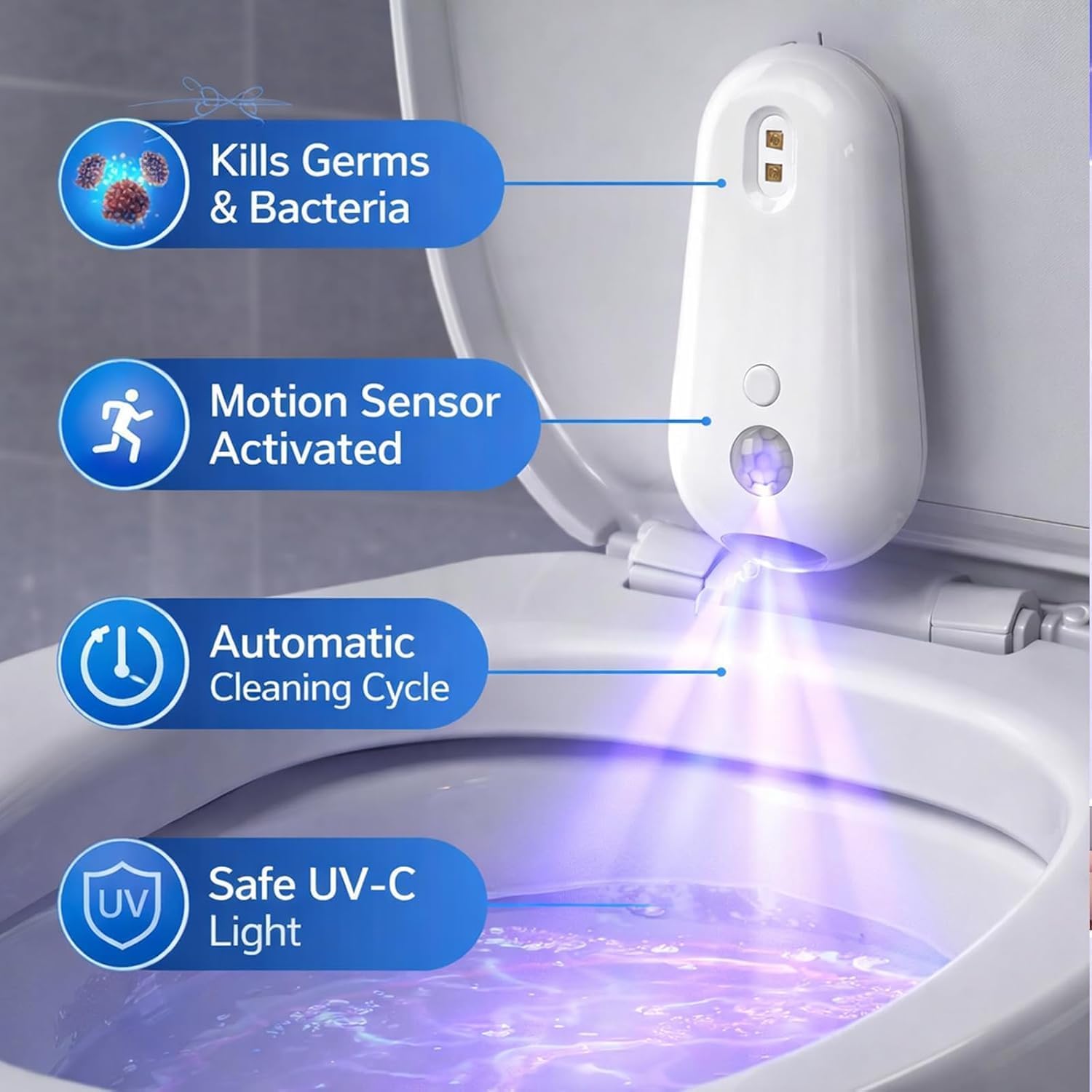 Self Cleaning UV Toilet Sanitizer Light, Motion-Activated, Rechargeable, Night Light, Adhesive-Mounted，for Restroom, Washing Machine, Cabinet (2 Pcs)