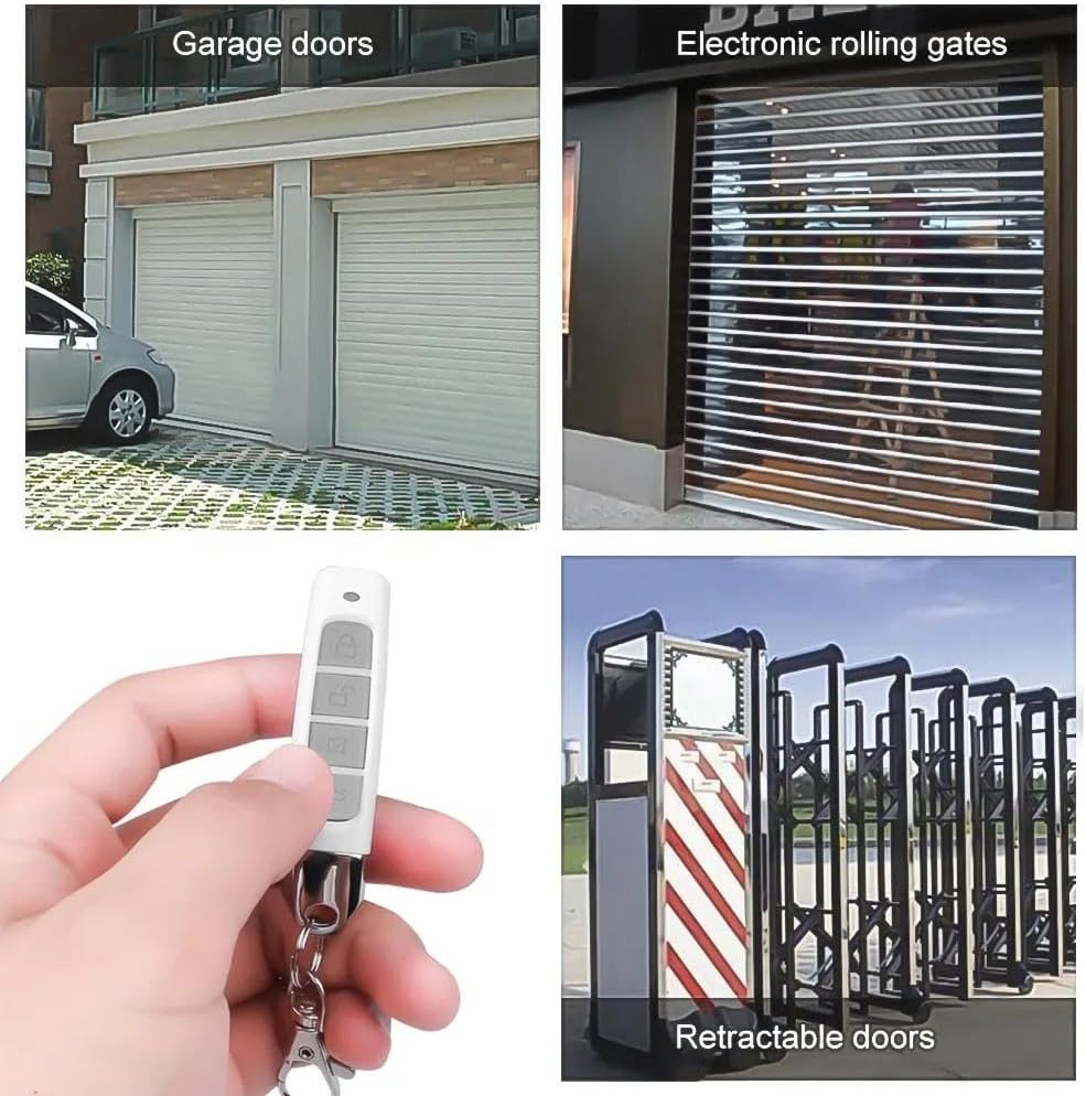 Four images showing the remote control being used for garage doors, electronic rolling gates, and retractable doors.