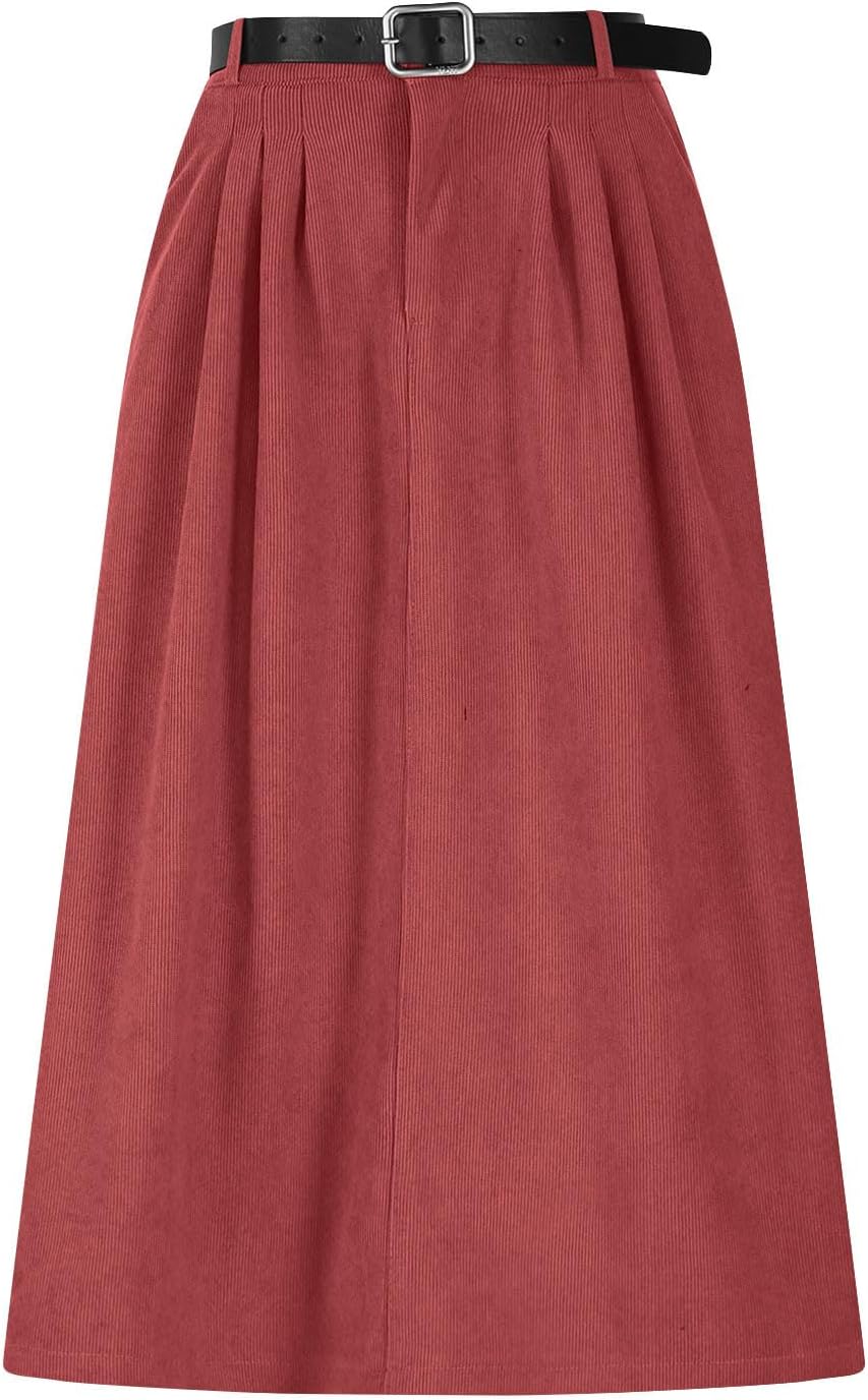 Skirts for Women Corduroy Maxi A Line Mid Waist Solid Casual Skirt Pleated Skirts Winter Fall Spring Outifts