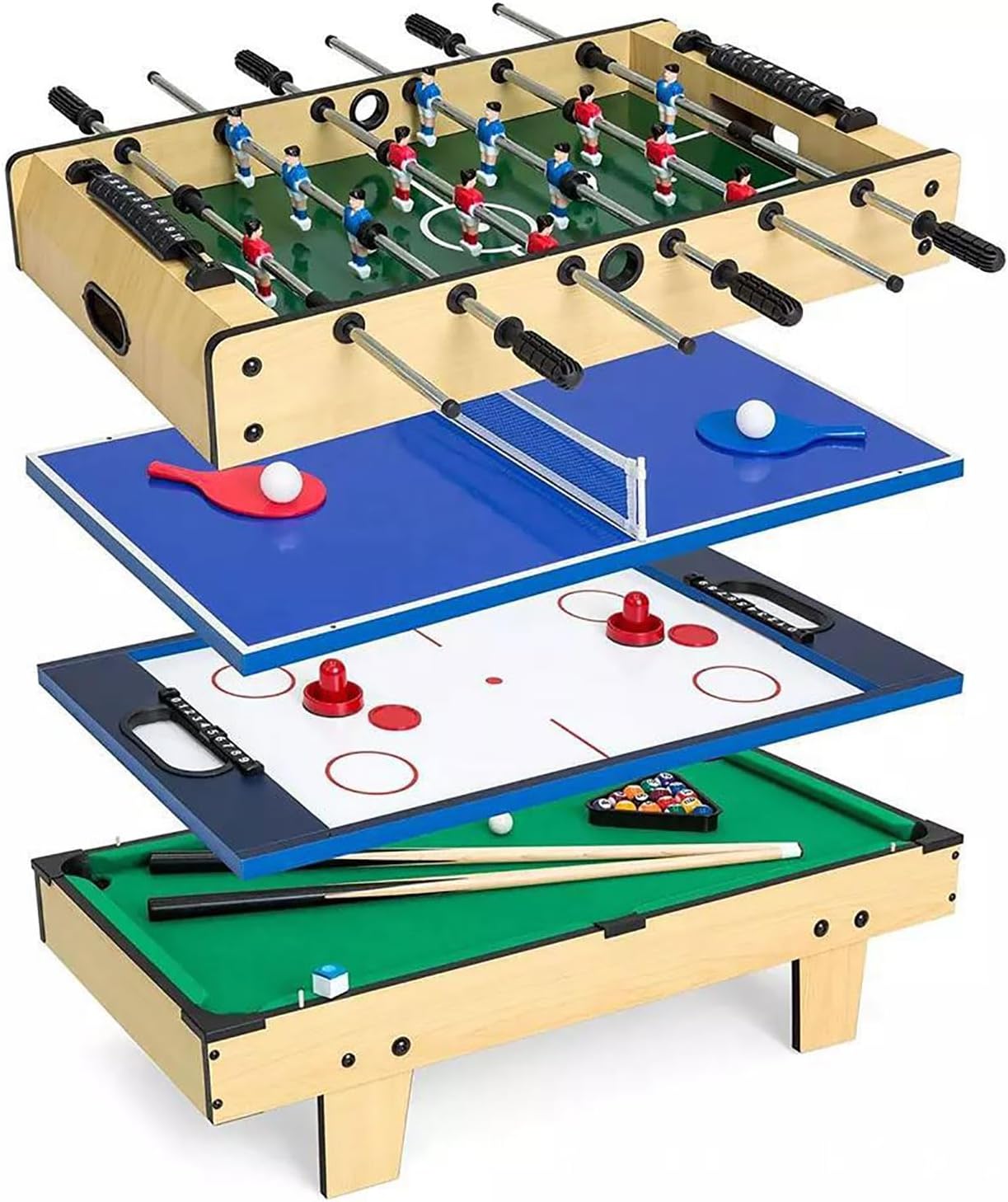 Funito 4-in-1 Multi Game Table, Childrens Combination Arcade Set for Home, Play Room, Rec Room w/Pool Billiards, Air Hockey, Foosball and Table Tennis