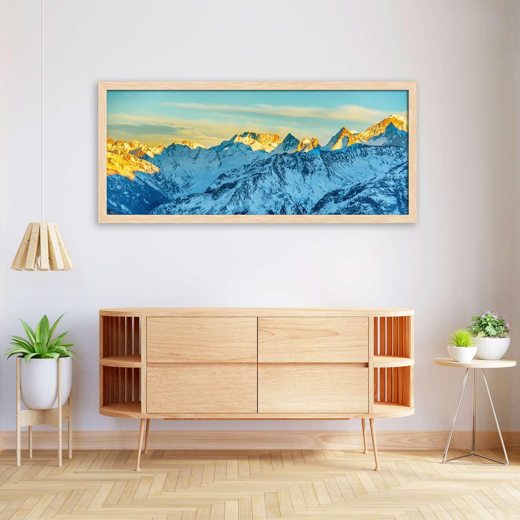 ArtzFolio High Mountains Peaks At Sunset | Canvas Painting for Bedroom & Living Room | Natural Brown Frame | 27.6 x 12 inch (70 x 30 cms)