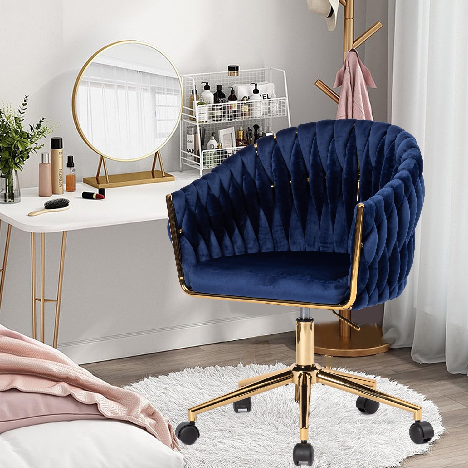 Comermax Velvet Office Chair with Hand Woven,  Vanity Chairs with Golden Wheels, 360° Swivel Home Office Desk Chair Computer Chairs, Accent Chair Makeup Chair for Bedroom, Living Room(Black): Blue