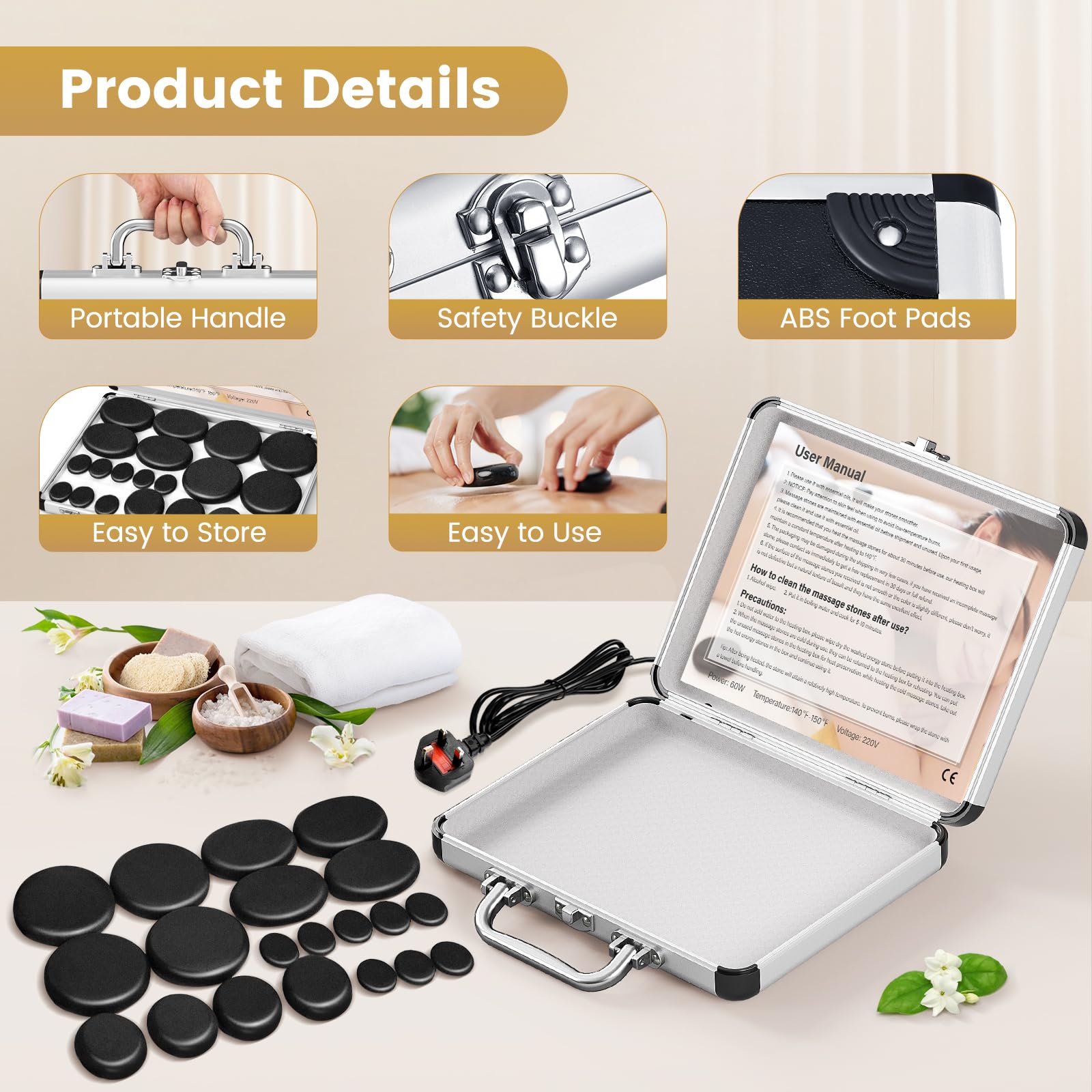 Kit de masaje de piedras calientes de 20 piezas con calentador, juego de piedras calientes de basalto eléctrico profesional para terapia de spa, relajación muscular profunda, alivio del dolor