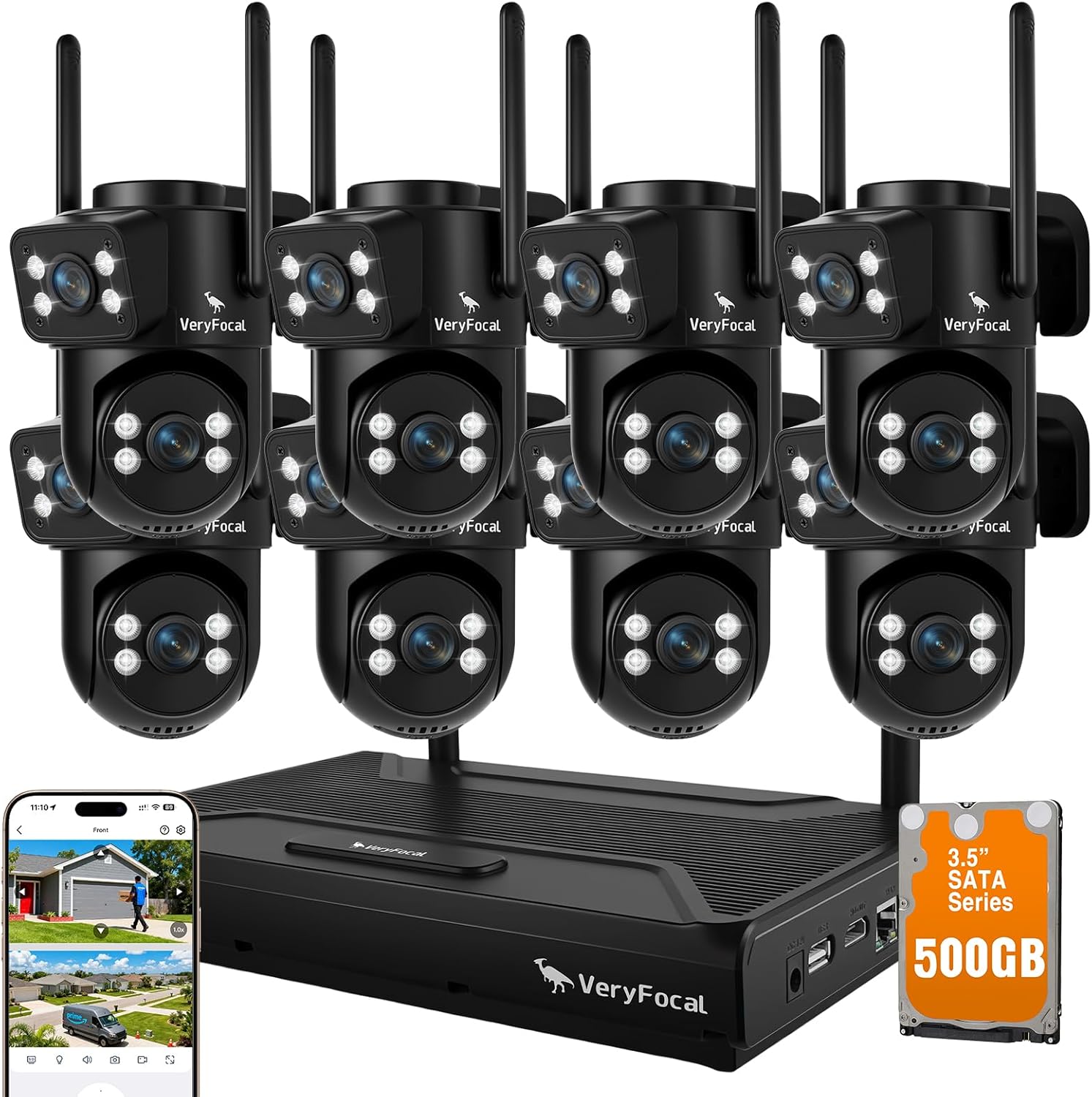 Dual Lens Wireless Security System, 8PCS 2-in-1 Cameras, 4K 10CH NVR, 500GB HDD, 24/7 Recording, WiFi 6 Mesh Long Range, No Subscription, AI Tracking, IP66 Waterproof for Home Office Outdoor