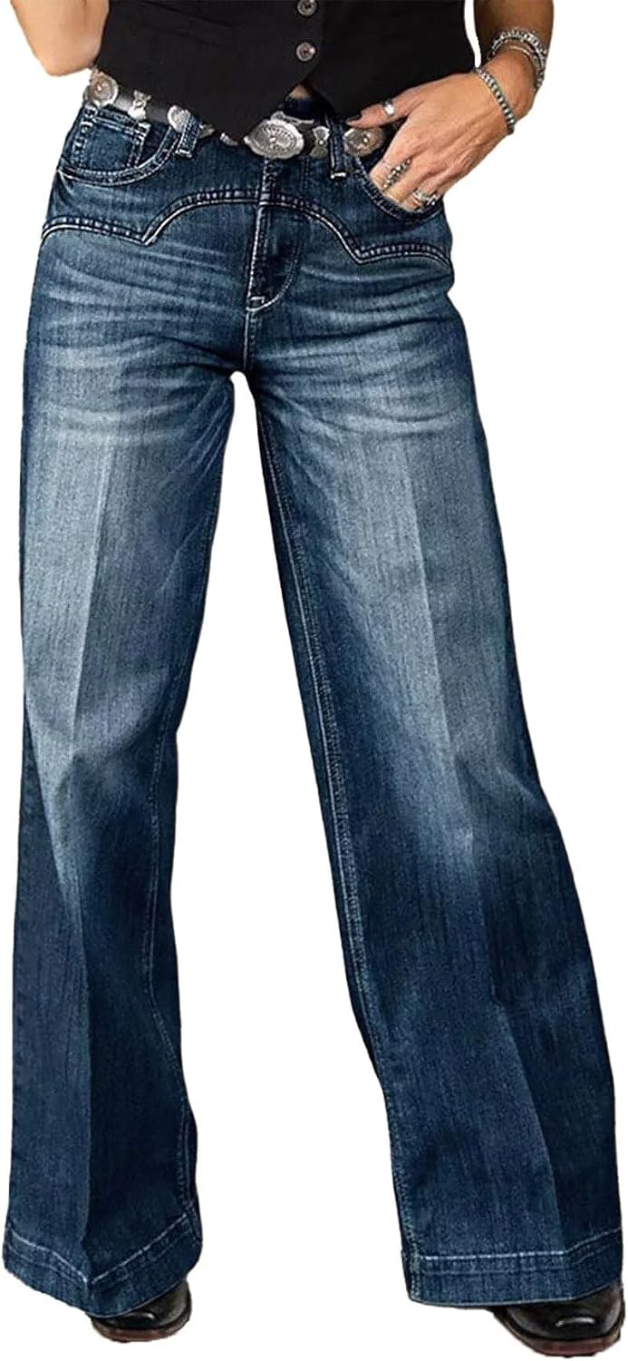 Flamingals Mid Rise Straight Leg Jeans for Women Wash Stitch Detail Vintage Baggy Wide Leg Denim Pants Without Belt