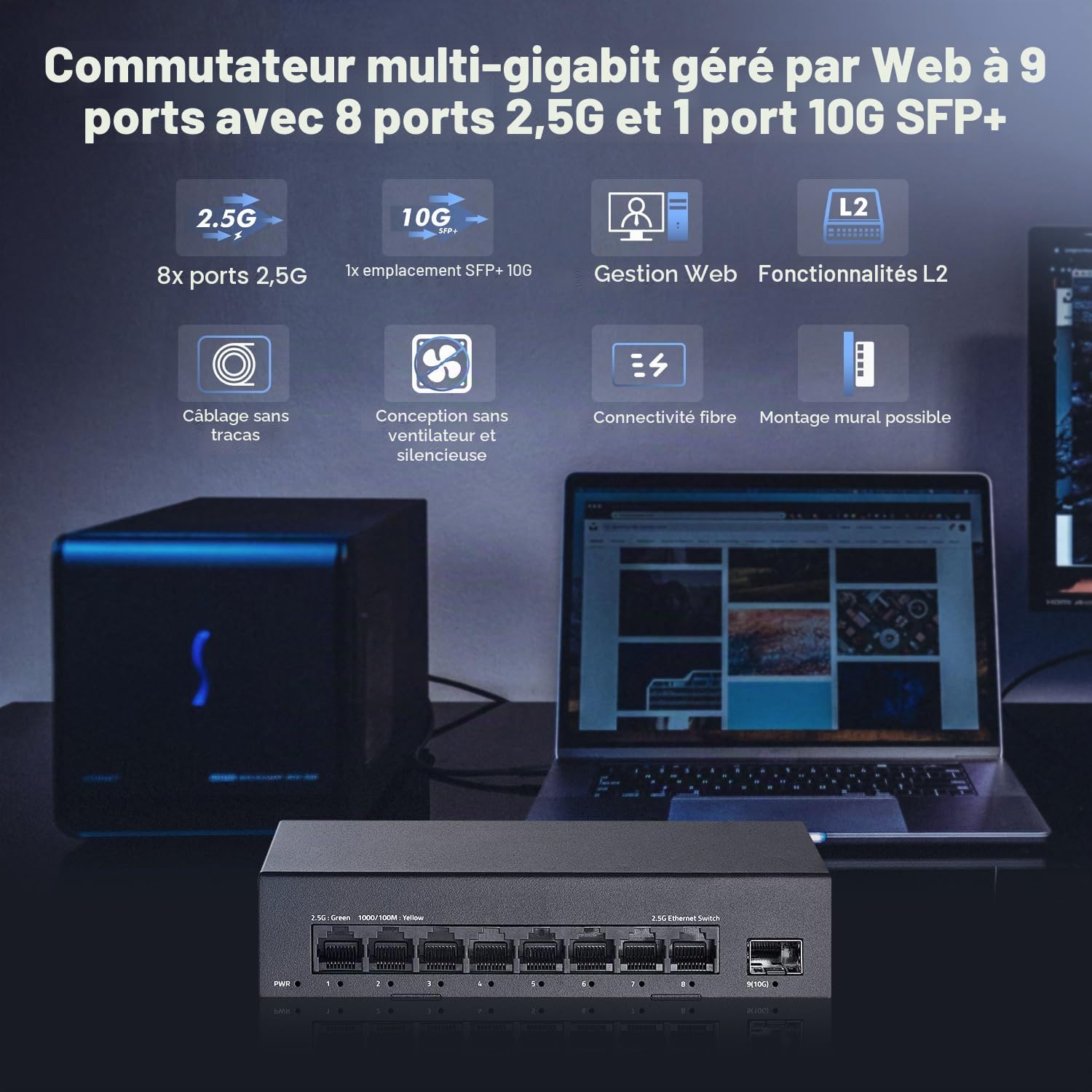 YuLinca 8 ports 2,5 G Easy Web Managed Switch, 1 fente SFP+ 10G, LACP/QOS/VLAN/IGMP, mini commutateur métallique sans ventilateur 2,5 Gb