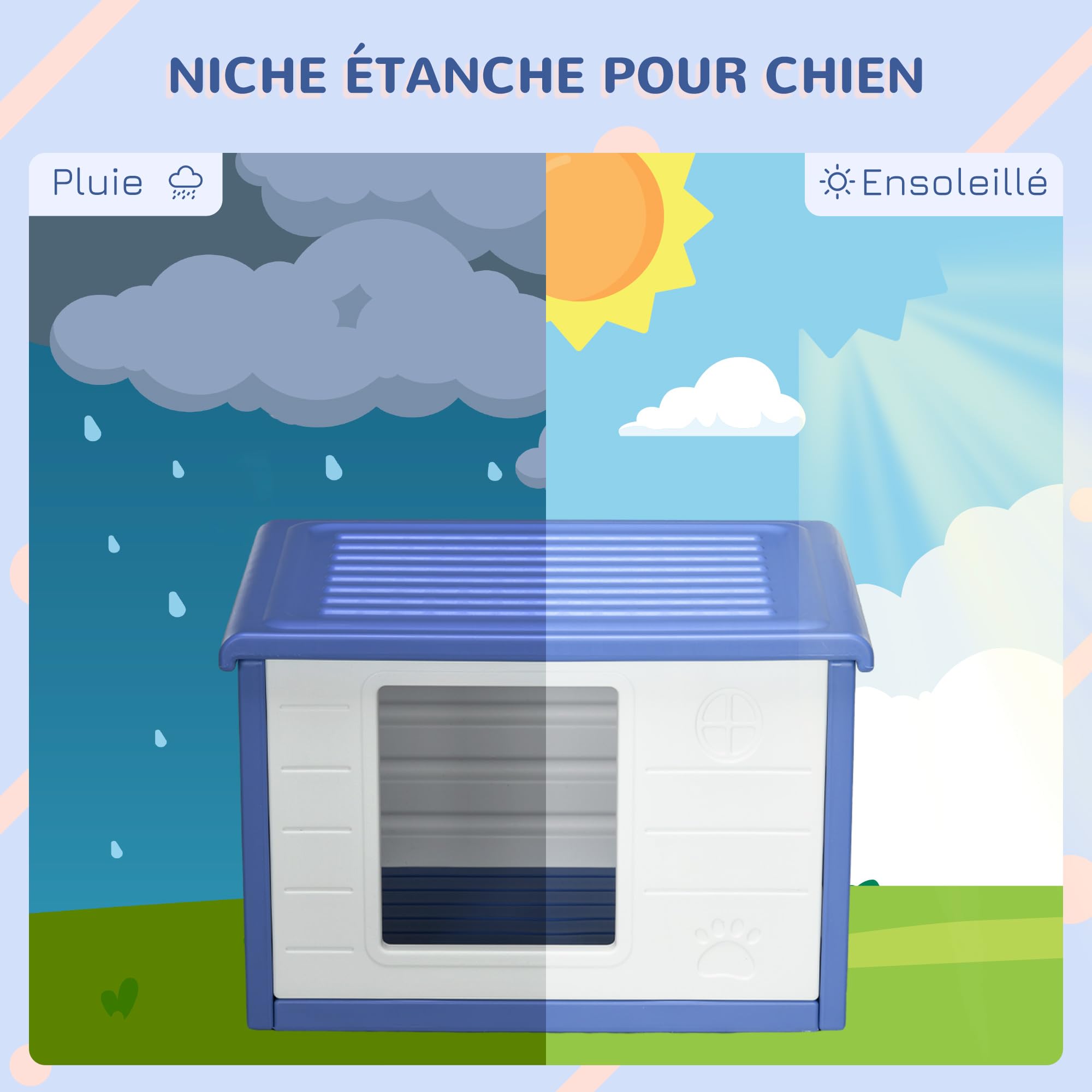 PawHut Niche pour Chien extérieure abri pour Chiots en Plastique Maison pour Chiens avec bouches d'aération résistante à l'eau dim. 60L x 42l x 40H cm Bleu et Blanc