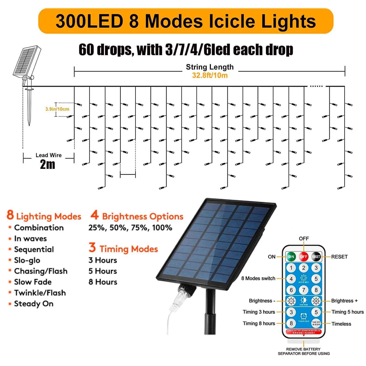 10M 300LEDs Solar Lichterkette Außen Eiszapfen Hängende String Licht mit Fernbedienung,Wasserdicht Eisregen Lichtervorhang Deko Seilbeleuchtung für Hof Hochzeit Garten Balkon Party (Weiß)