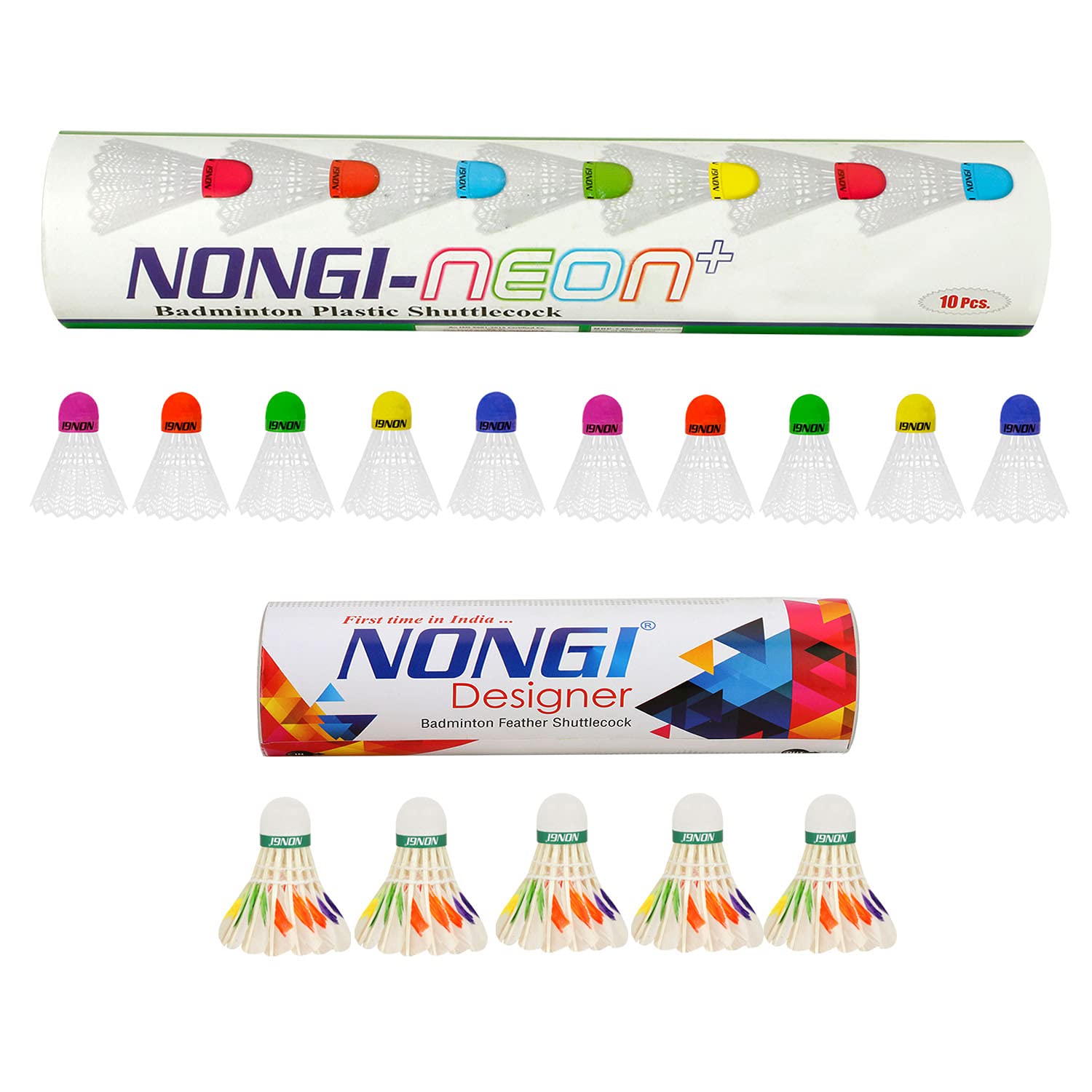 NONGI Combo Shuttle Pack of 15 Shuttlecocks Neonplus (10 Multicolored Cork Plastic),Designer D6(5 Designer Feather Shuttle) for Outdoor Indoor Badminton Sports-image-27