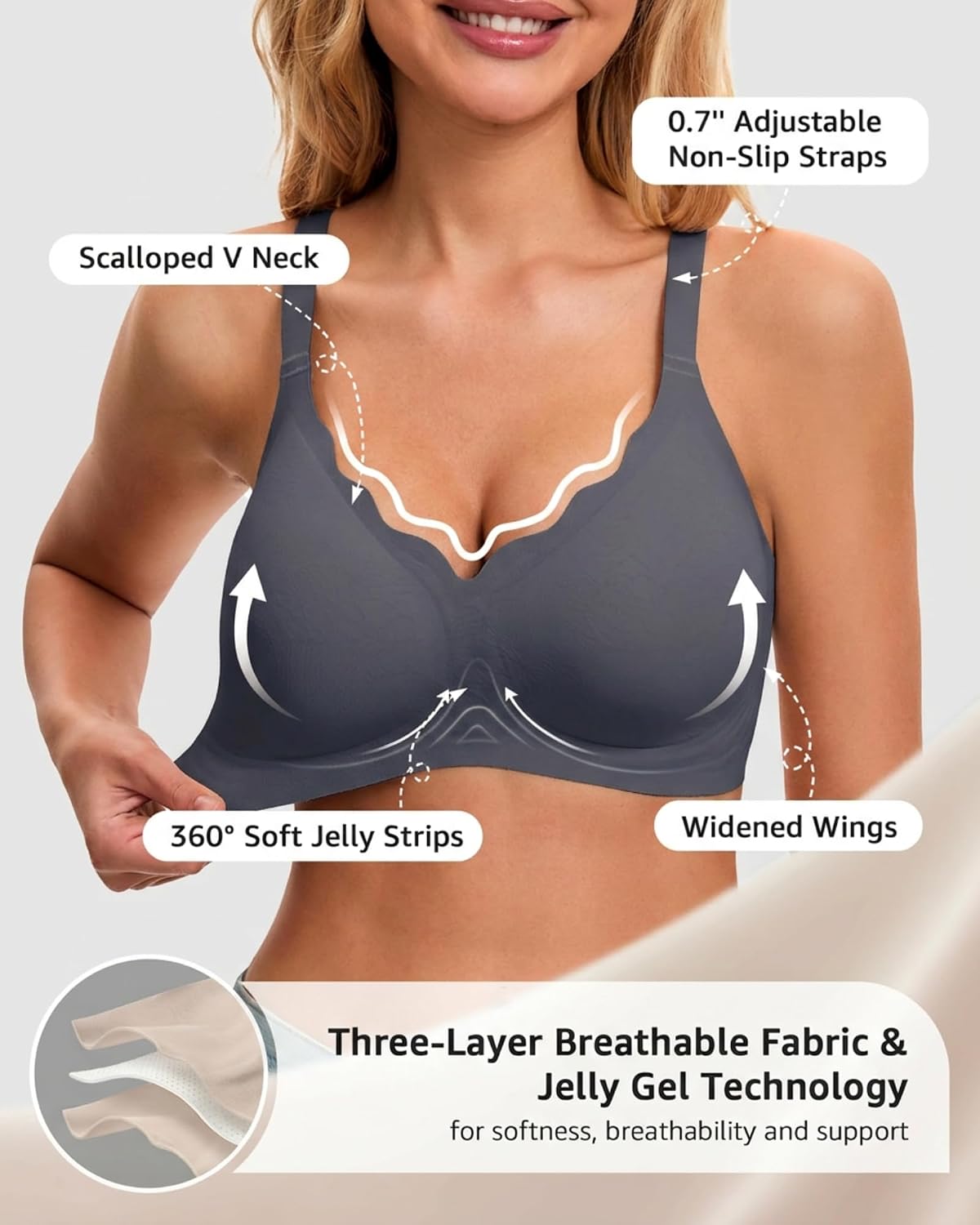 Zolaia Wireless Seamless Bra for Women Full Coverage Scalloped Bralette No Underwire Push Up Bra Everyday Comfort Tshirt Bras