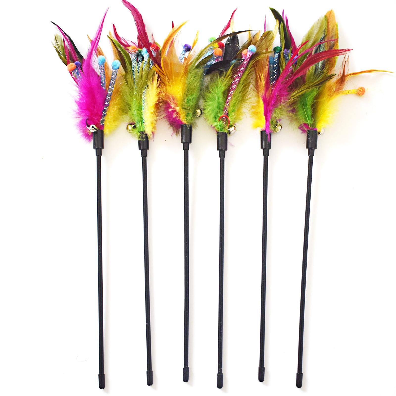 Cat Wands, 6 PCS Natural Feather Stick Interactive Kitten Toys with Bell Safe Cat Teaser Wand for Indoor, All Breed Sizes