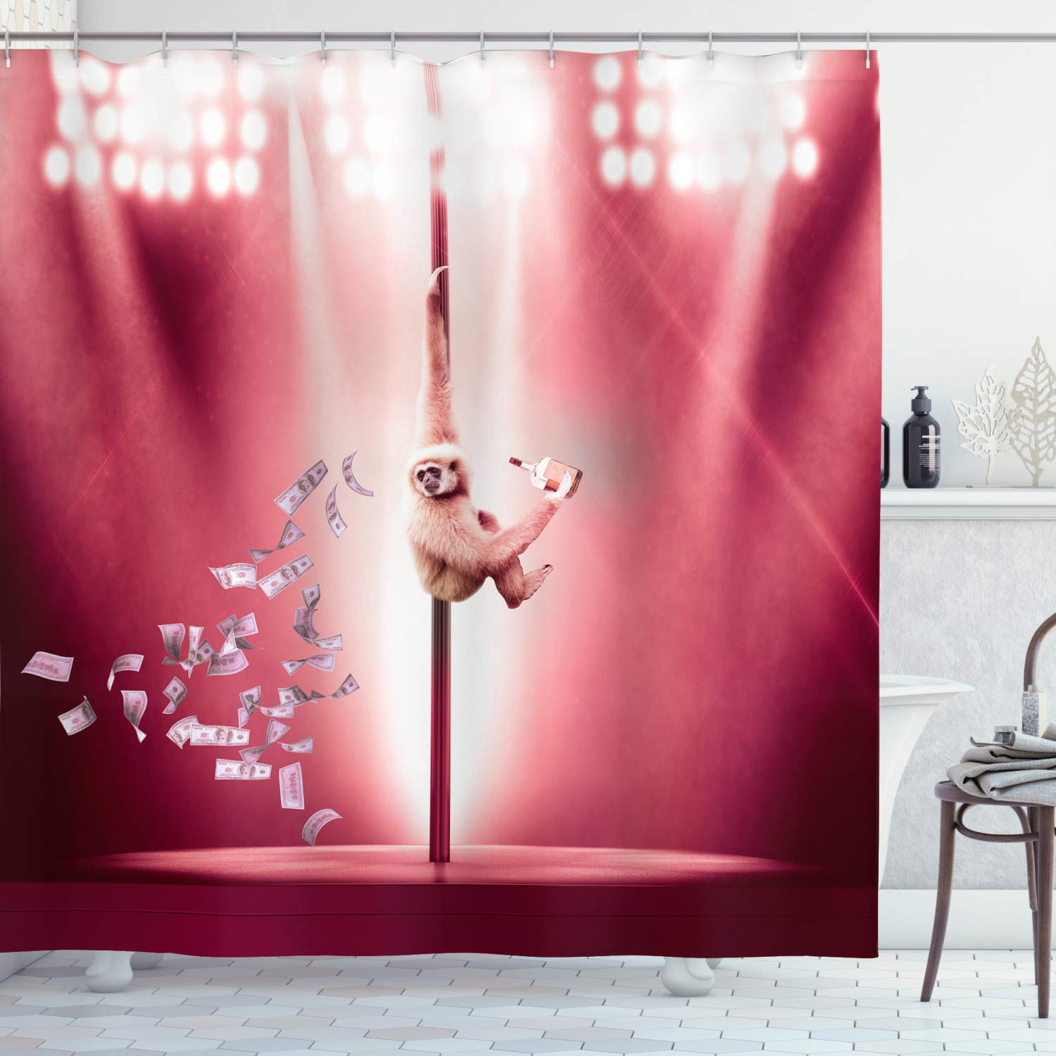 ABAKUHAUS Funny Shower Curtain, Monkey on a Pole Whiskey Pastel Colored Composition Whimsical Motif