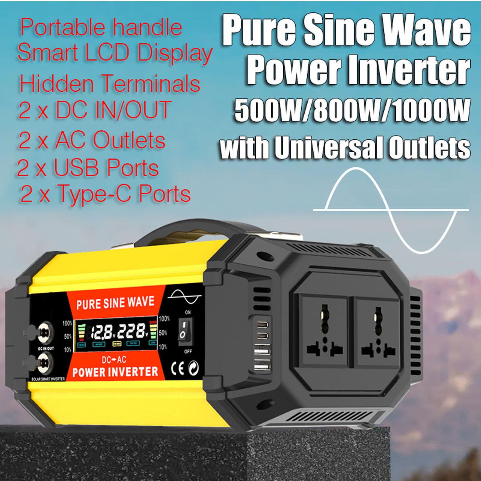 Ejoyous Convertitore a Onda Sinusoidale Pura da 500 W, Inverter a Onda Sinusoidale per Auto in ABS da 12 V a 220 V con Display LCD, Doppio Picco USB da 1000 W per Uso Solare Esterno per la Casa