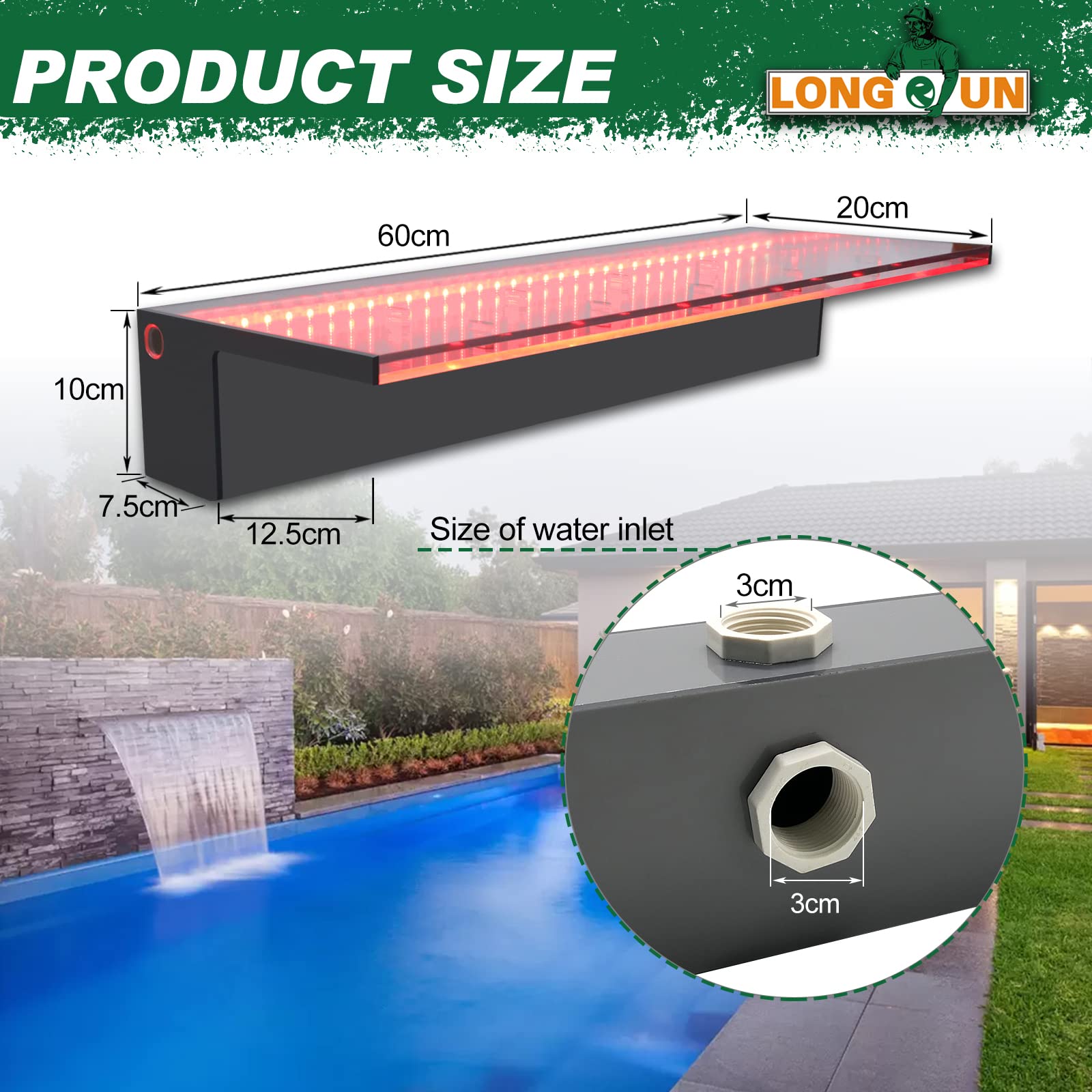 LONGRUN Wasserfall Überlauf APP Kontrolle Mehrfarbig LED-Licht Draussen Pool Brunnen, Acryl Wasser Überlauf Koi Teich Wasserfälle Brunnen Kit für Garten Terrasse Schwimmbad Dekoration -60 cm