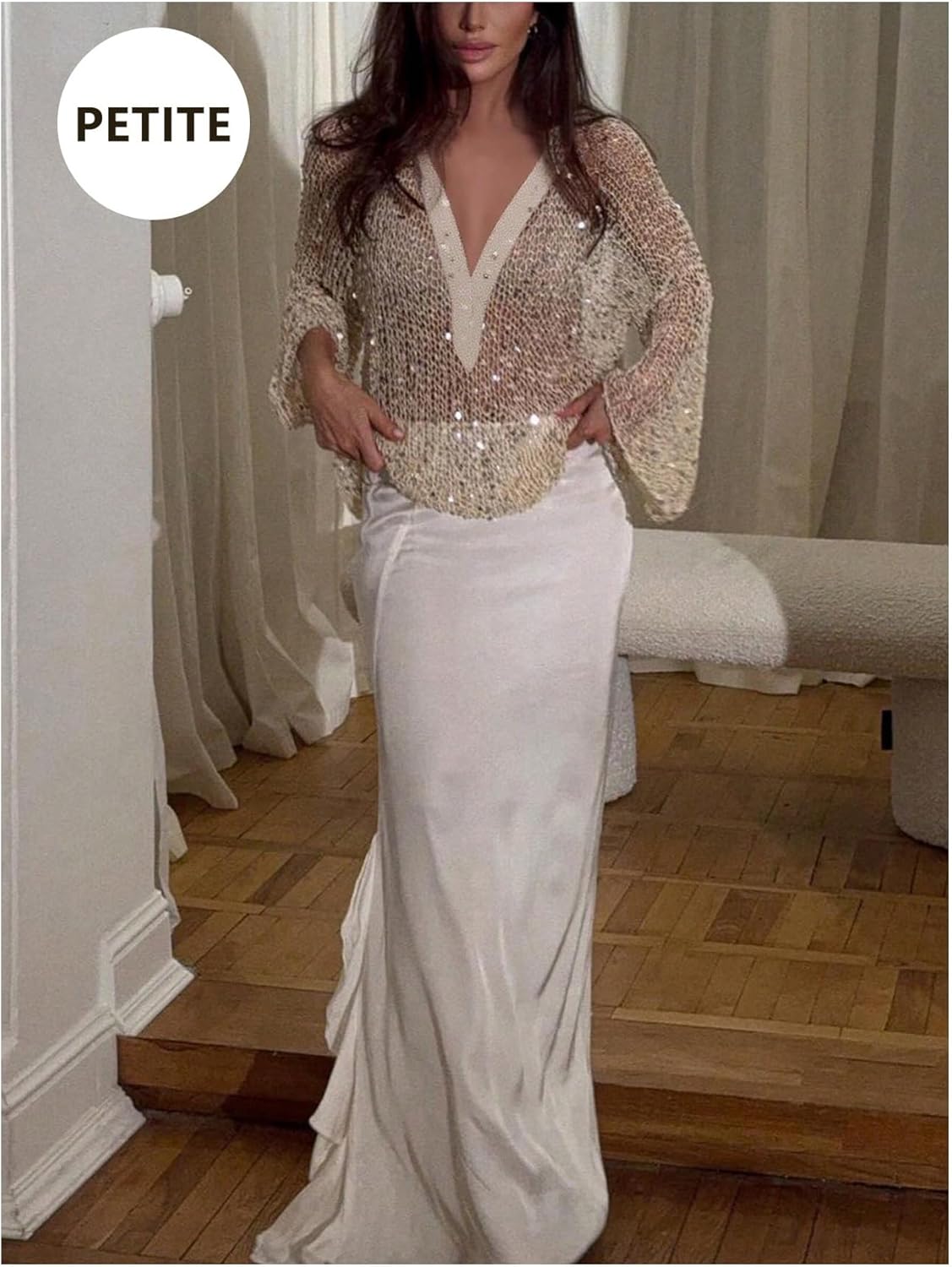 SweatyRocks Women's Sequin Sheer Crochet Sweaters V Neck Hollow Out Bell Sleeve Pullover Cover Ups Top